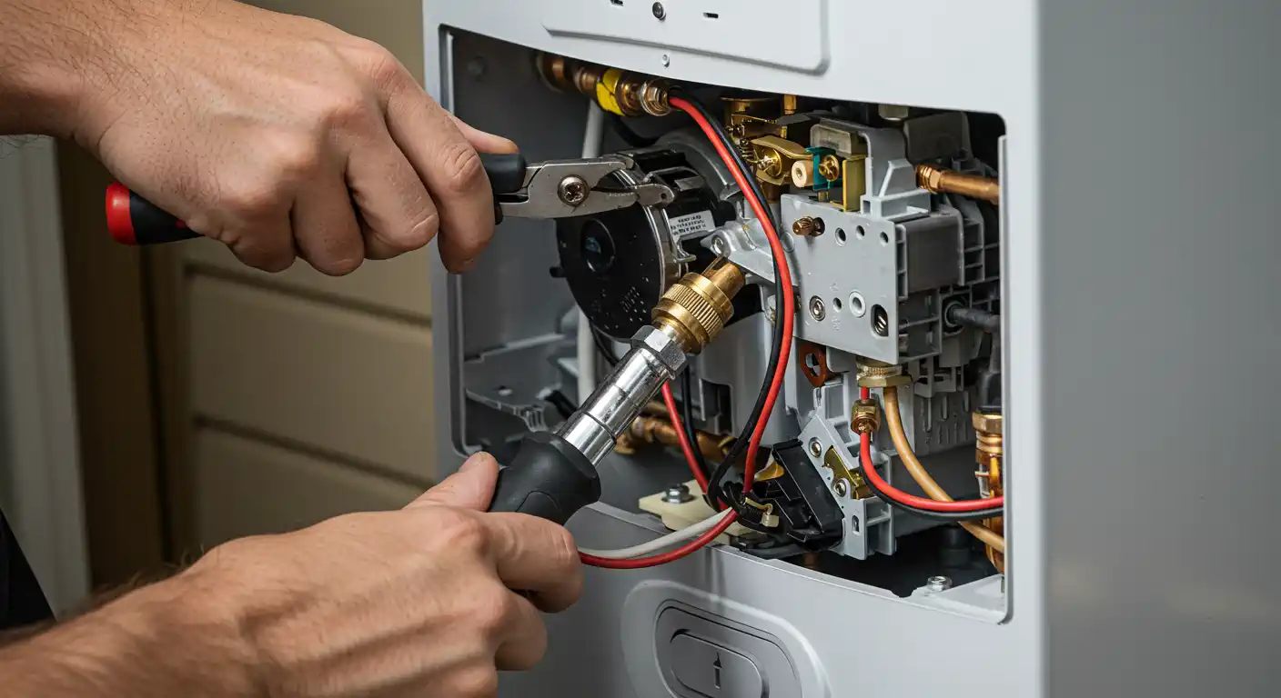 A technician repairs a heating unit, using pliers and a tool to adjust components inside a machine with visible wires and fittings.