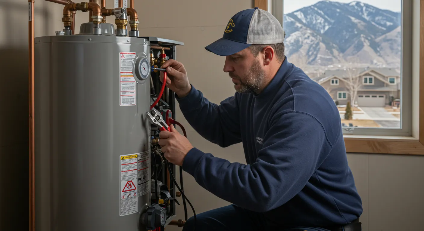 Person in blue jacket repairing water heater with pipes and gauges near window showing snowy mountains