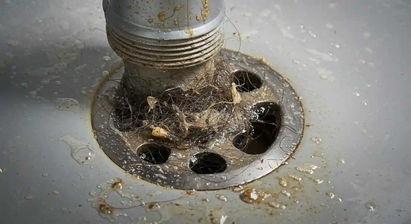 Close-up of a clogged drain with hair, debris, and greasy residue pooling around a metal strainer and grey surface.