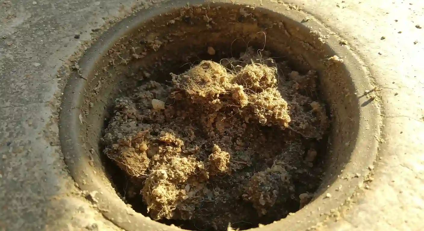 Close-up of a dirt-filled circular drain or hole containing mud and debris, surrounded by a textured concrete surface.
