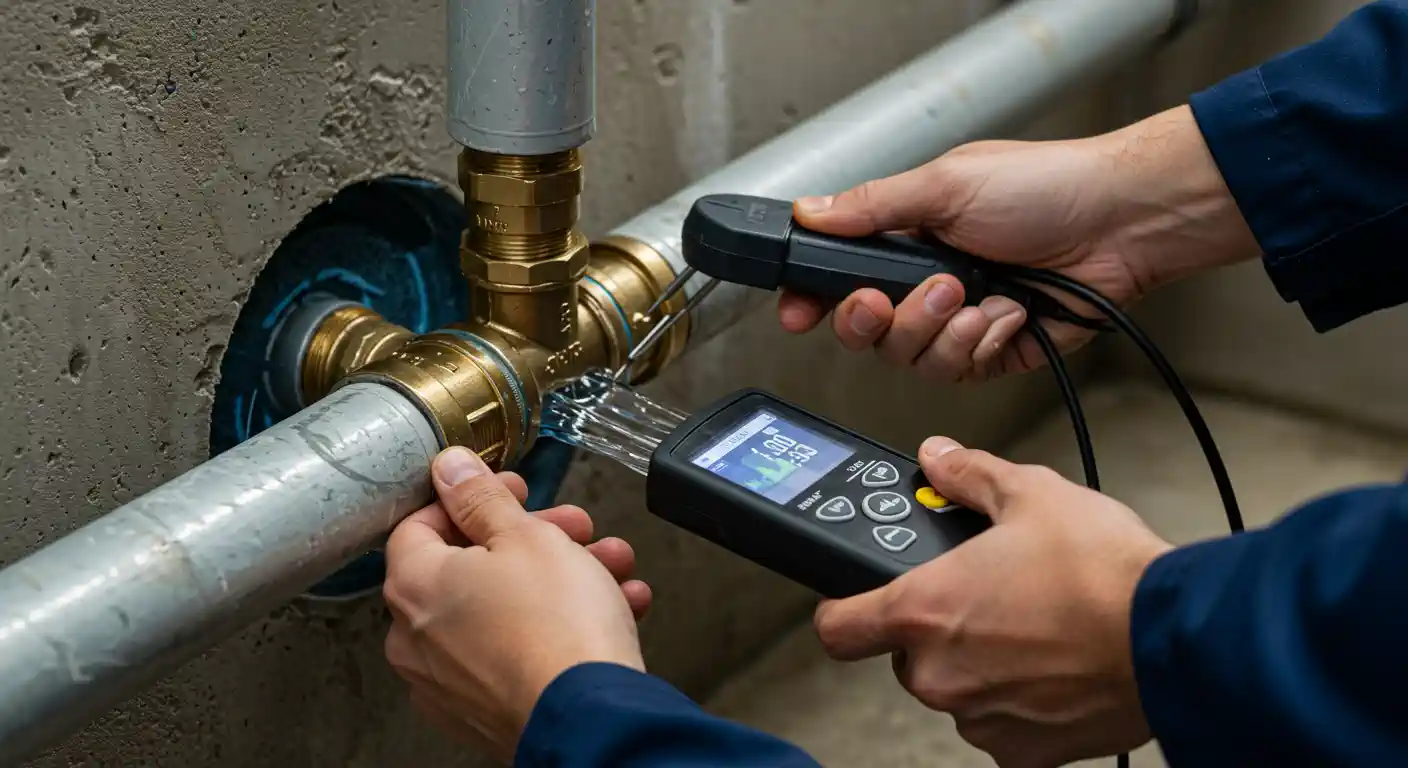 A technician measures water flow using a gauge at a brass pipe joint in a concrete wall.