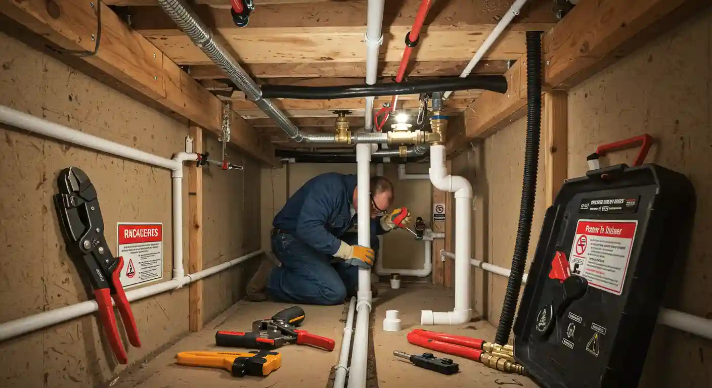 A plumber kneels on the floor of a cramped space, working on white pipes, surrounded by various tools and equipment.