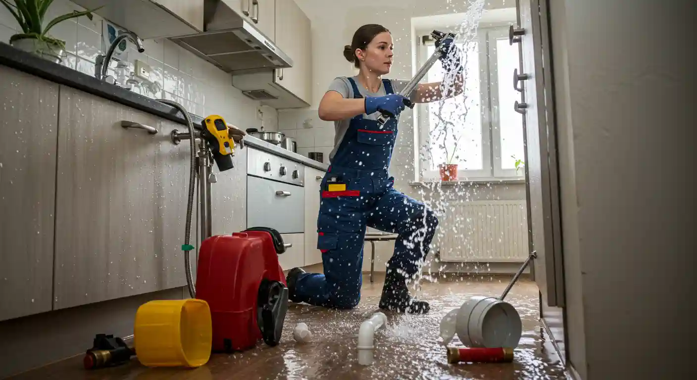 A person in a blue jumpsuit kneels on a flooded kitchen floor, using a spray nozzle to manage a water leak amidst scattered tools and hoses.