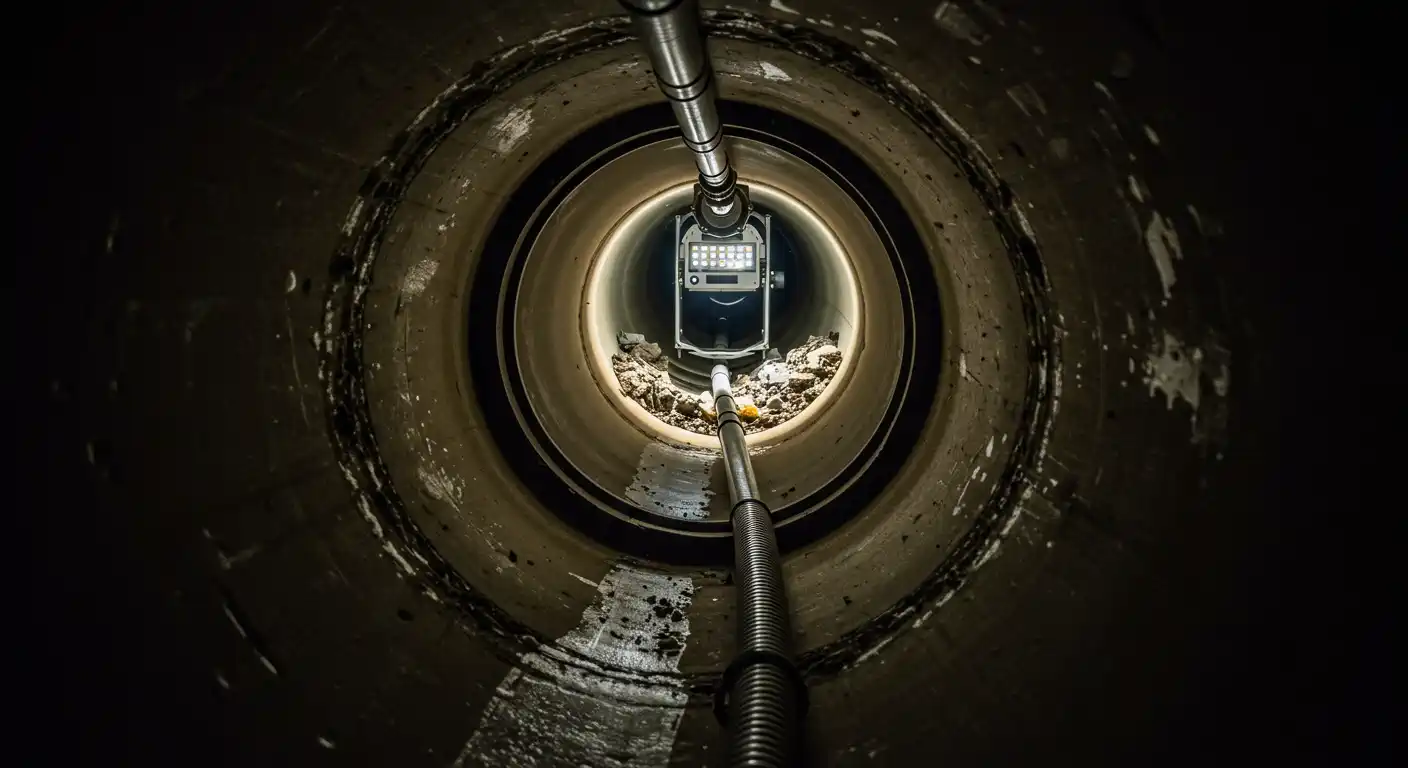View down a circular sewer pipe revealing a camera perched on debris, capturing the dimly lit tunnel's interior.