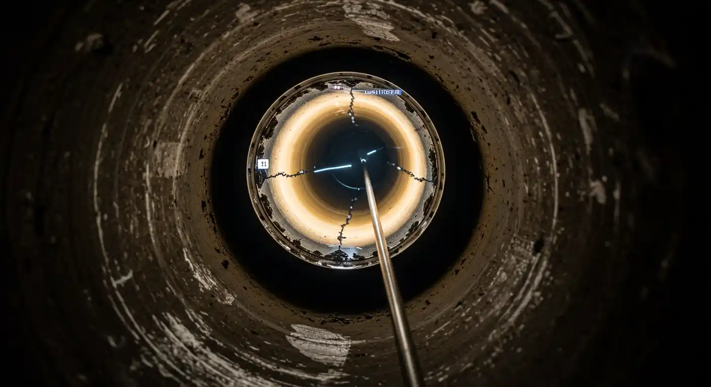 A deep, circular view inside a well, showing a lighted path and a metal rod extending downward through the dark, textured walls.