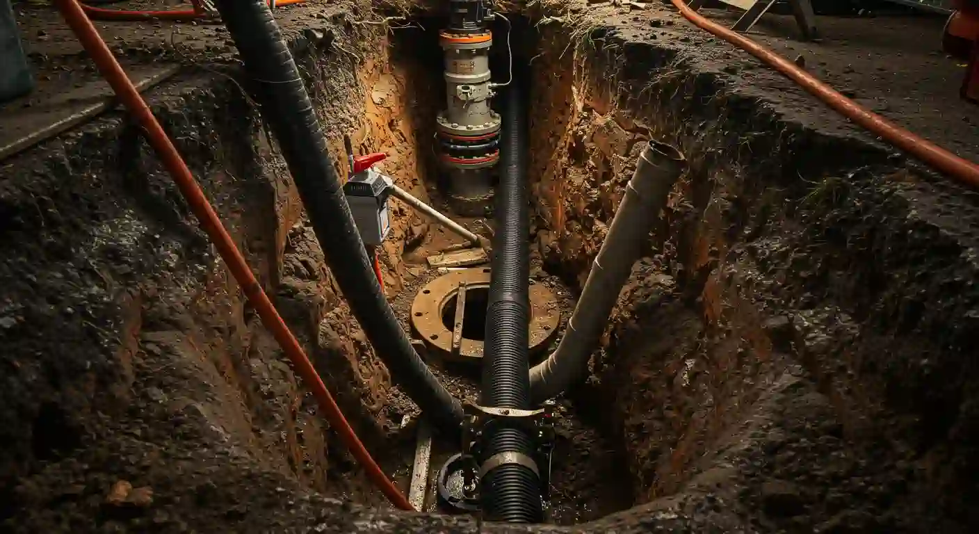 A deep excavation site with various black pipes and a metallic tank component, set in muddy soil, surrounded by equipment.