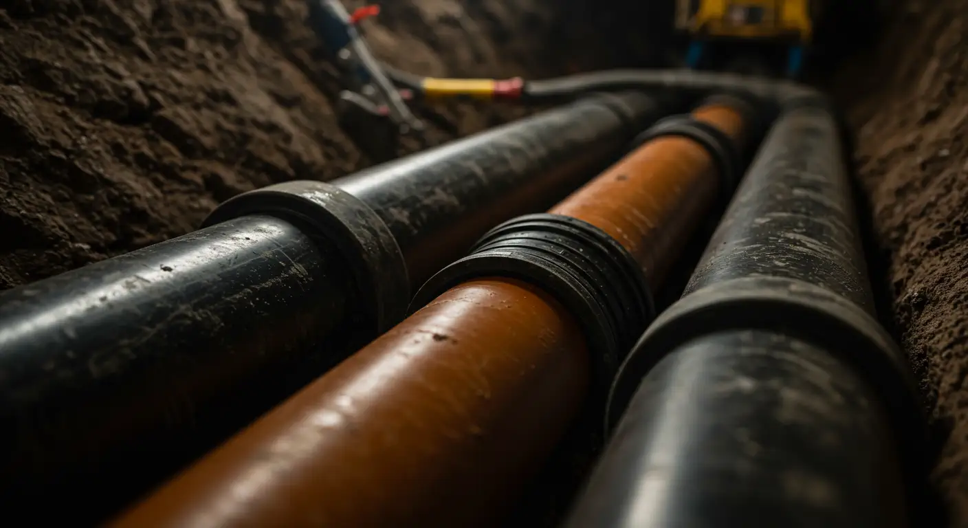 Close-up view of buried pipes, showcasing black and orange segments in a dirt trench, with construction equipment visible in the background.