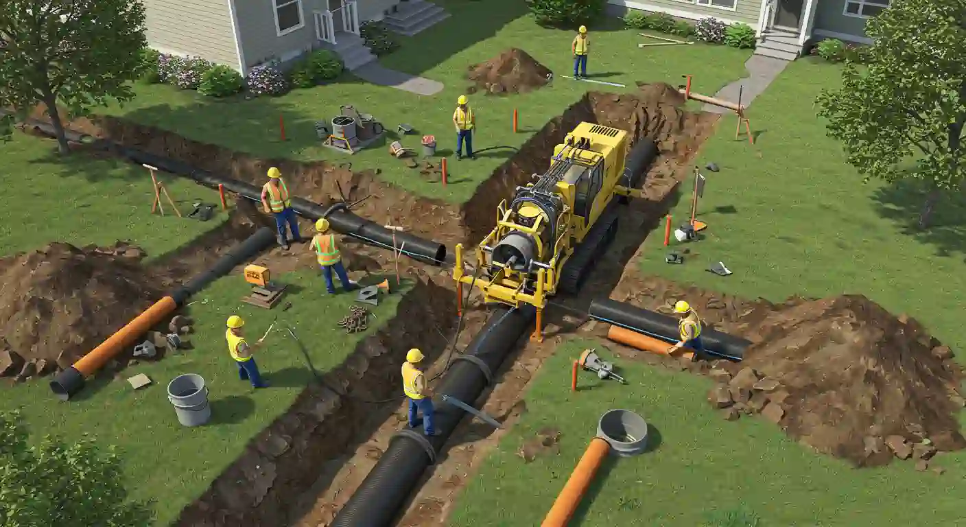 Workers in yellow helmets install black pipes in a trench, using heavy machinery and tools in a residential yard.