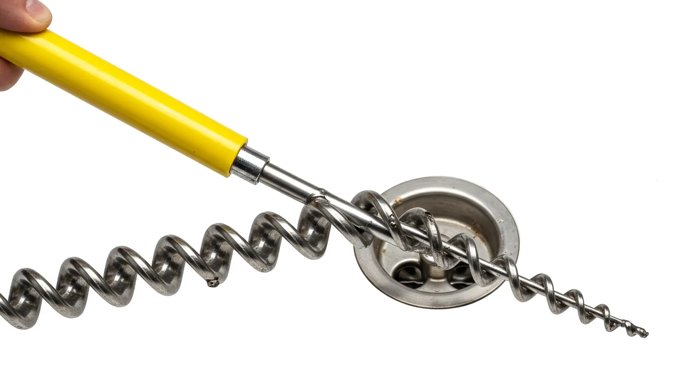 A person holds a yellow-handled drain auger above a metal sink drain, showcasing the spiral end of the tool for clearing clogs.