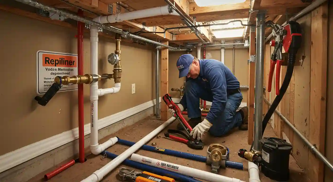 A plumber in blue overalls kneels in a crawl space, using a wrench on pipes surrounded by various plumbing tools and a warning sign.