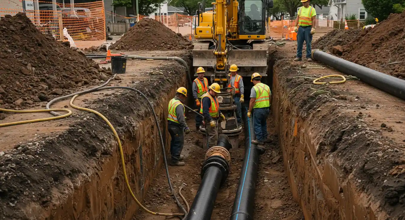 Several workers lowering a large pipe.