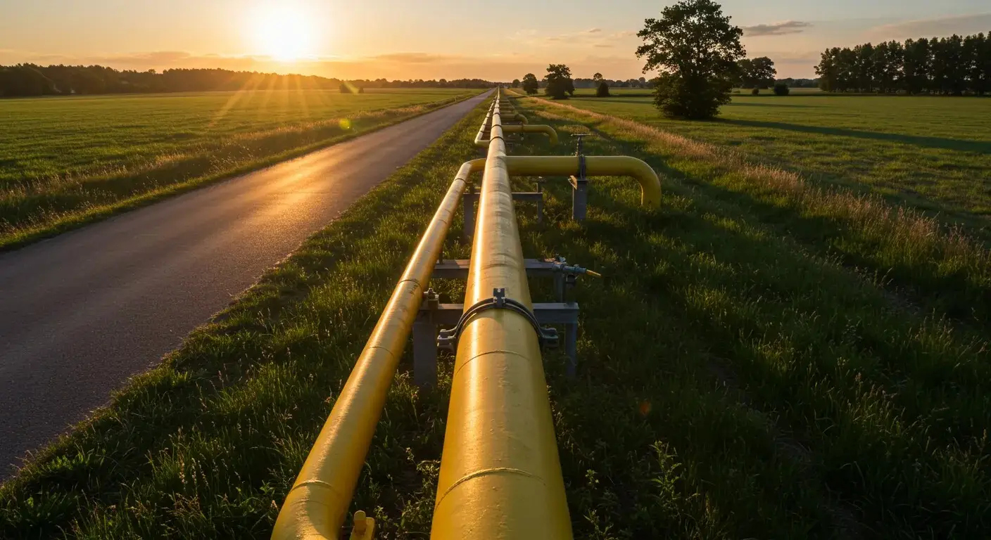 A long, yellow pipeline stretching along a rural road at sunset. The pipes are elevated on metal stands and run through green, grassy fields.