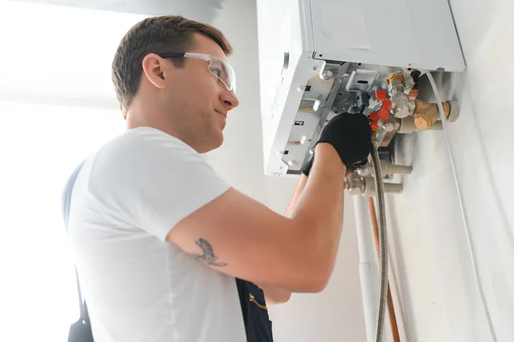 A male plumber in safety glasses and gloves is using a wrench to service a tankless water heater.