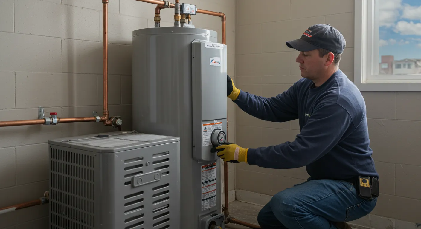 Person adjusting water heater controls in utility room with HVAC unit and copper piping