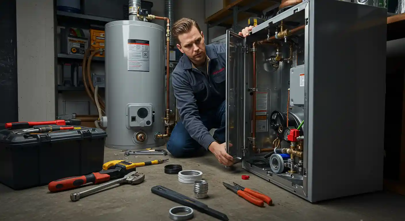 A technician inspects a water heater setup, surrounded by tools including wrenches, pliers, and a toolbox on a concrete floor.