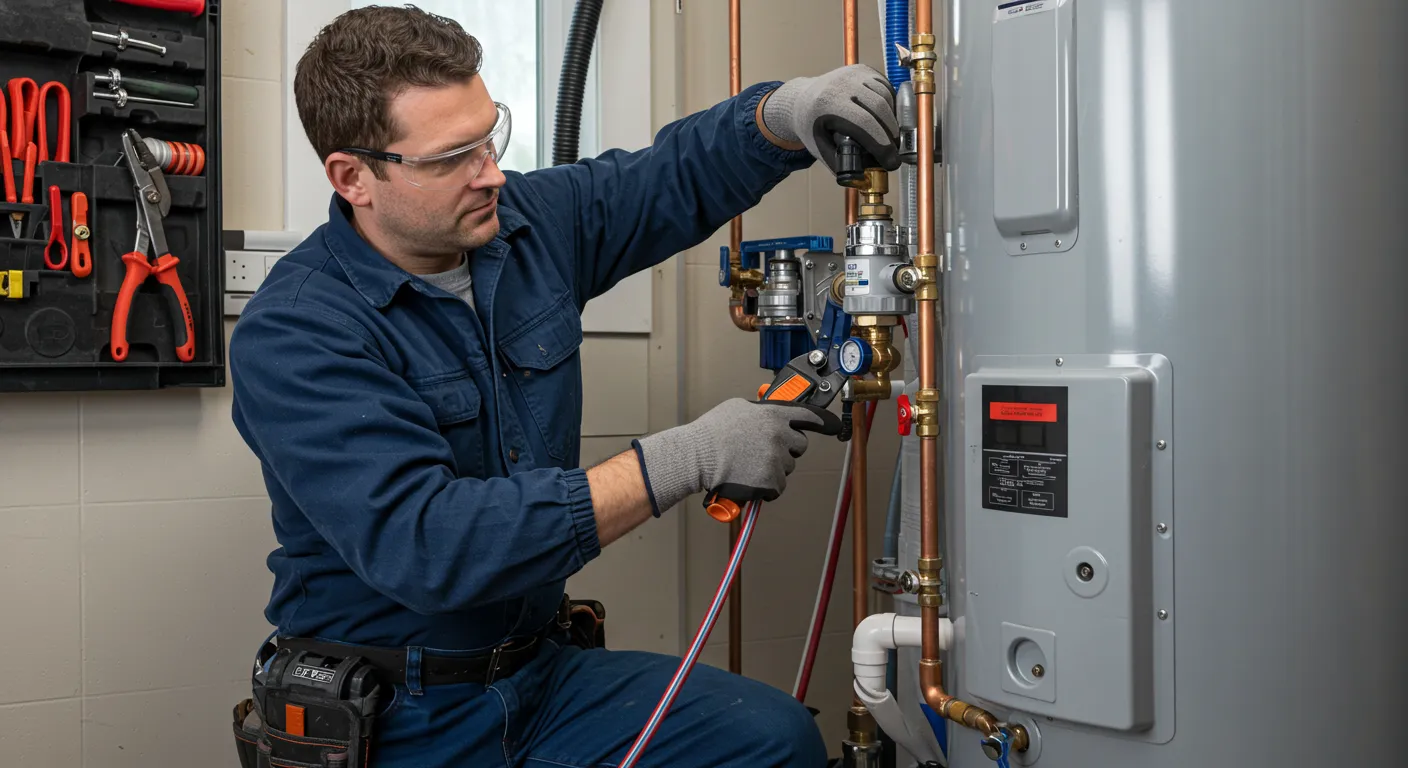 Person in blue uniform repairing water heater pipes with tools, tool belt, and wall-mounted tool board