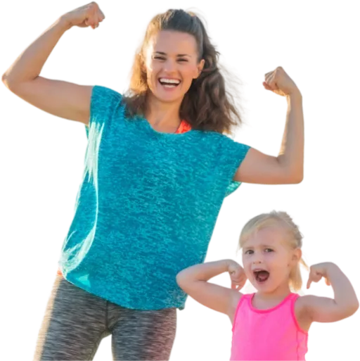 A woman and a little girl flexing their muscles.