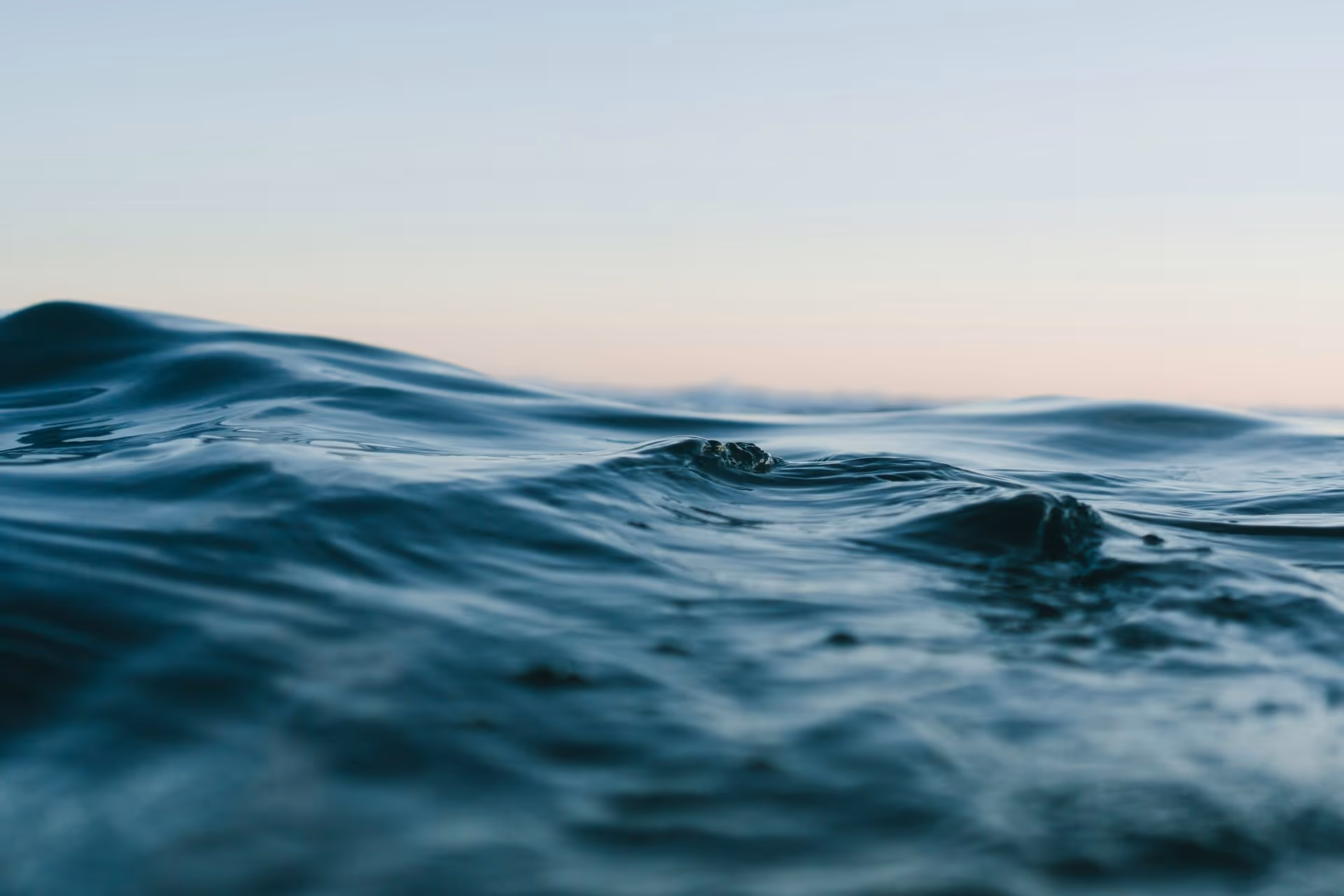 Gentle ocean waves under a clear sky at dawn. The water reflects subtle hues of blue and pink, creating a serene and calming atmosphere.