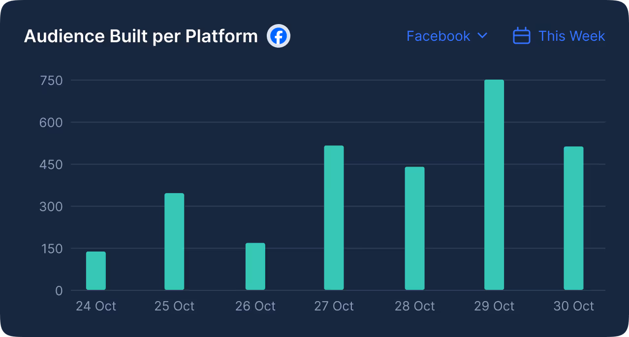Bar chart showing Facebook audience built per day from October 24 to October 30, peaking on October 29 with 750 units.