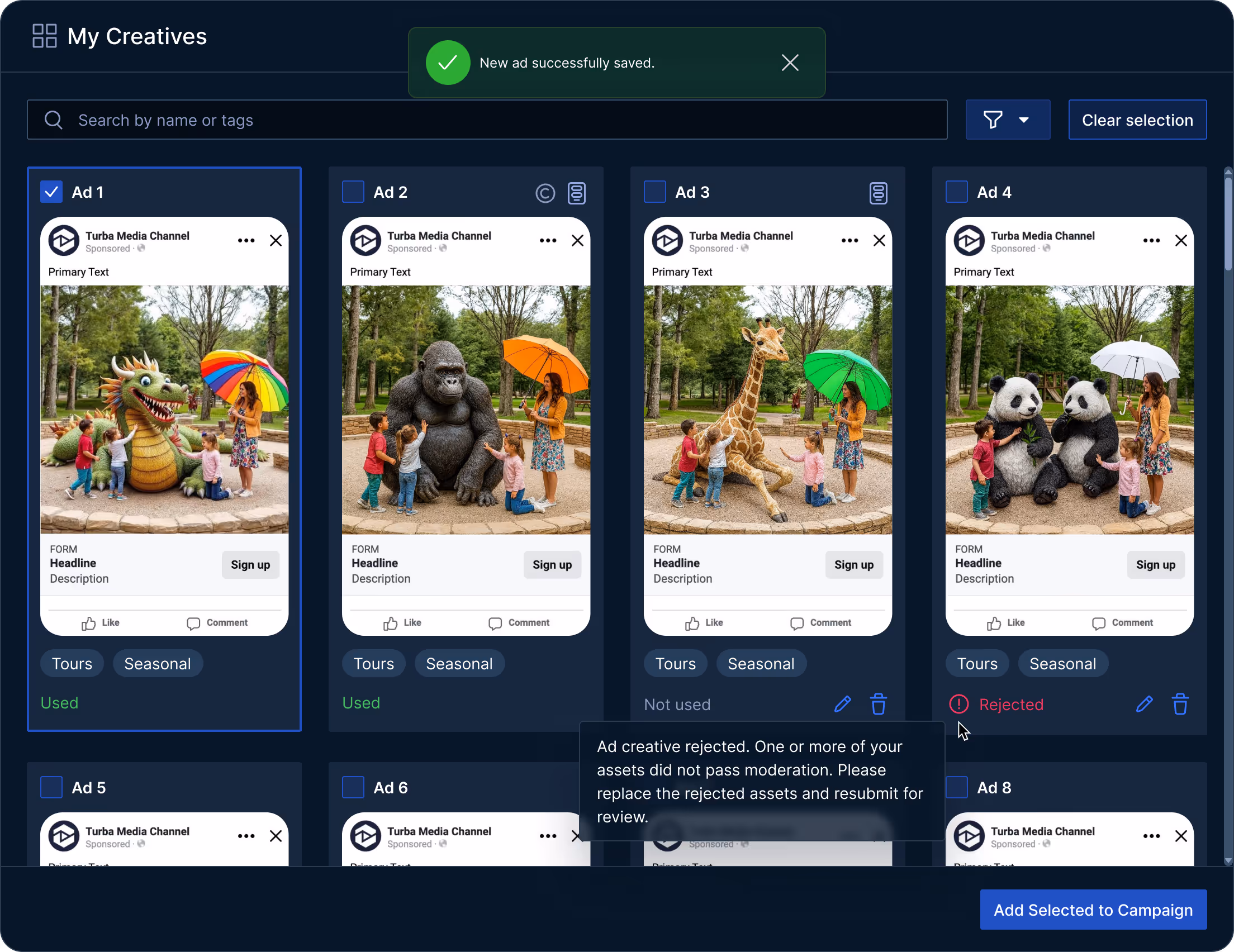 User interface of ad management dashboard showing six ad previews with animal statues and a woman holding colorful umbrellas, with ad 1, 2 marked used, ad 3 not used, and ad 4 rejected for moderation.