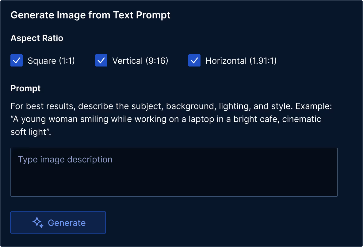 User interface for generating images from text prompts with selectable aspect ratios: Square, Vertical, and Horizontal, a text input box, and a Generate button.