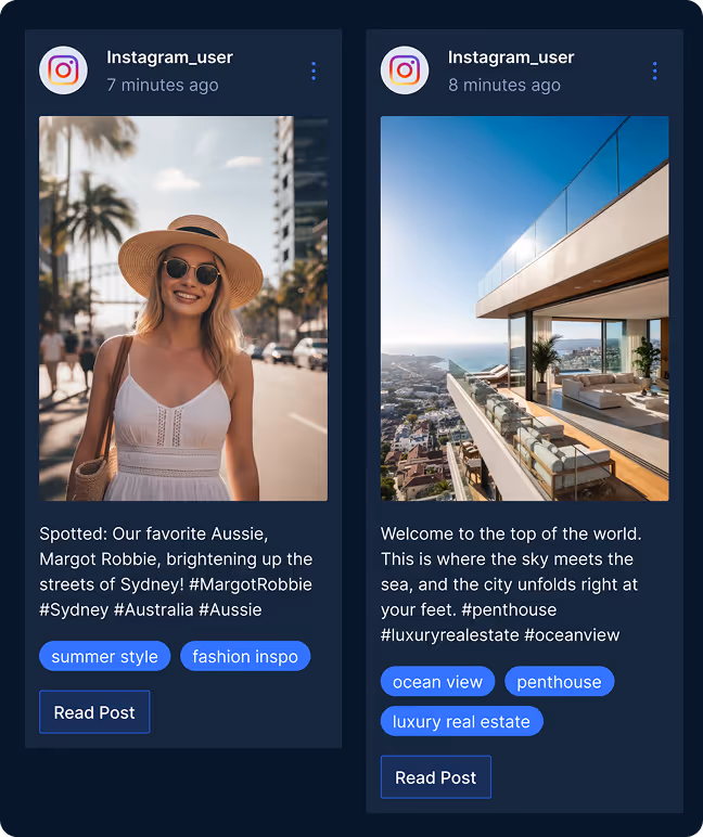 Two Instagram posts side by side: left, a smiling woman in a white dress, sunglasses, and a straw hat with palm trees in the background; right, a modern penthouse balcony overlooking an ocean and cityscape under a clear blue sky.