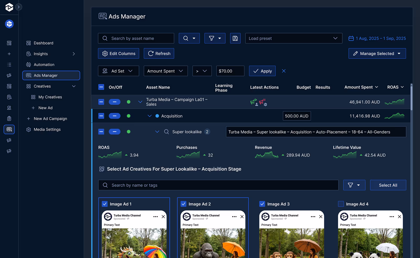 Analytics dashboard for user 'Mark Copeland' showing audience data across Instagram, Facebook, Twitter, YouTube, and Reddit. Includes bar charts of audience growth across all platforms and per platform, a pie chart of audience distribution by platform, and a segment breakdown by coaching types like personal development, life, and business coaching.