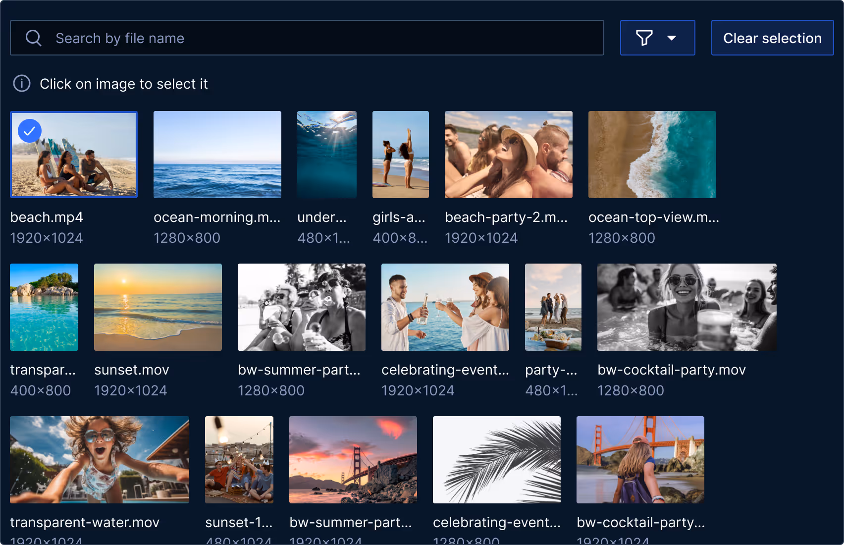 File selection interface showing thumbnails of various videos and images, including beach scenes, ocean views, parties, and sunsets.