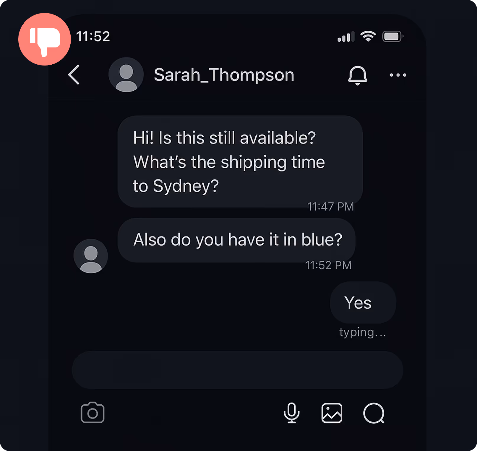 Chat conversation with Sarah_Thompson asking about product availability, shipping to Sydney, and if it comes in blue, with a reply saying Yes and typing indicator.