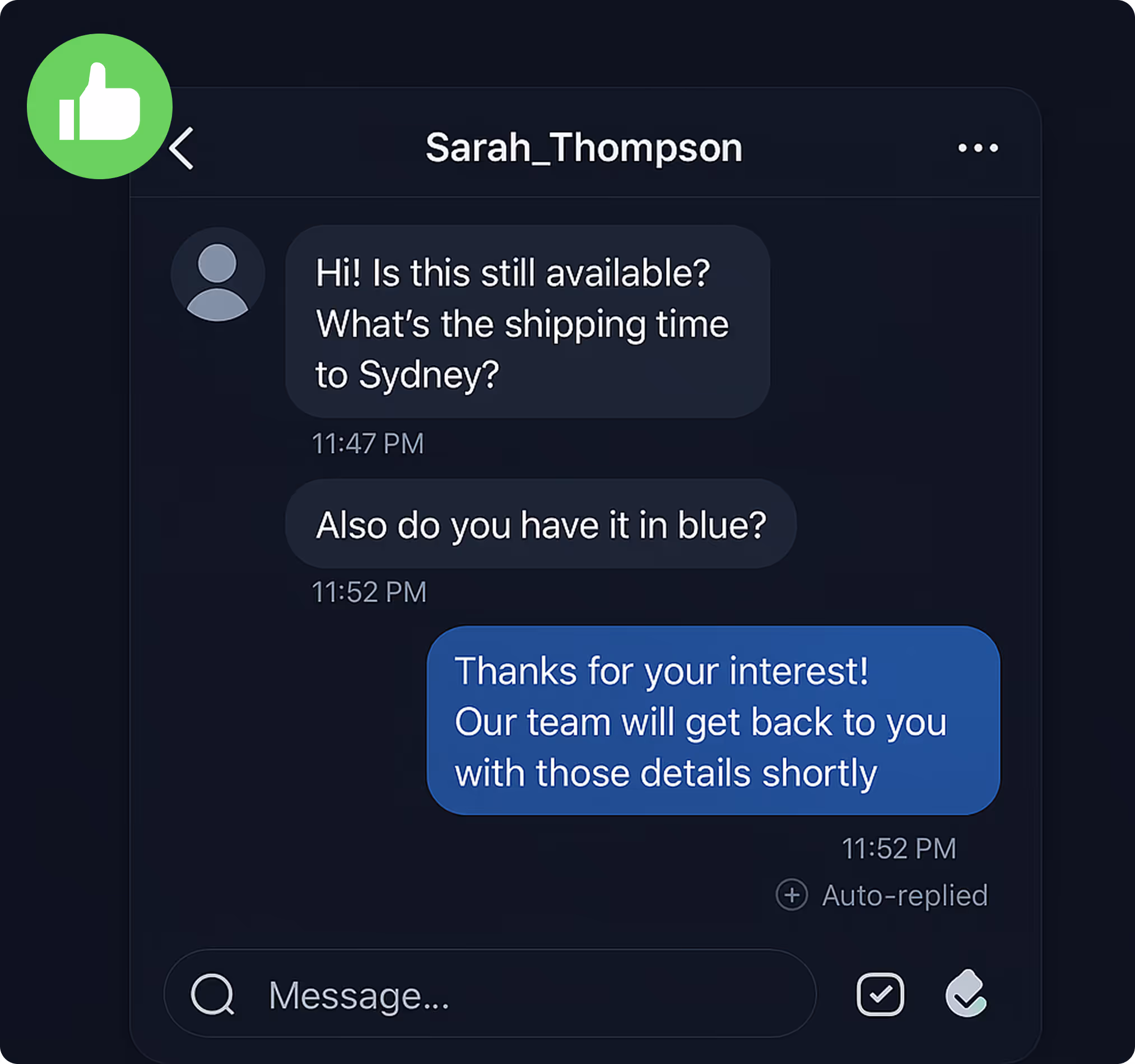 Chat conversation where Sarah_Thompson asks about product availability, shipping time to Sydney, and color options; an auto-reply thanks her and says the team will respond with details shortly.