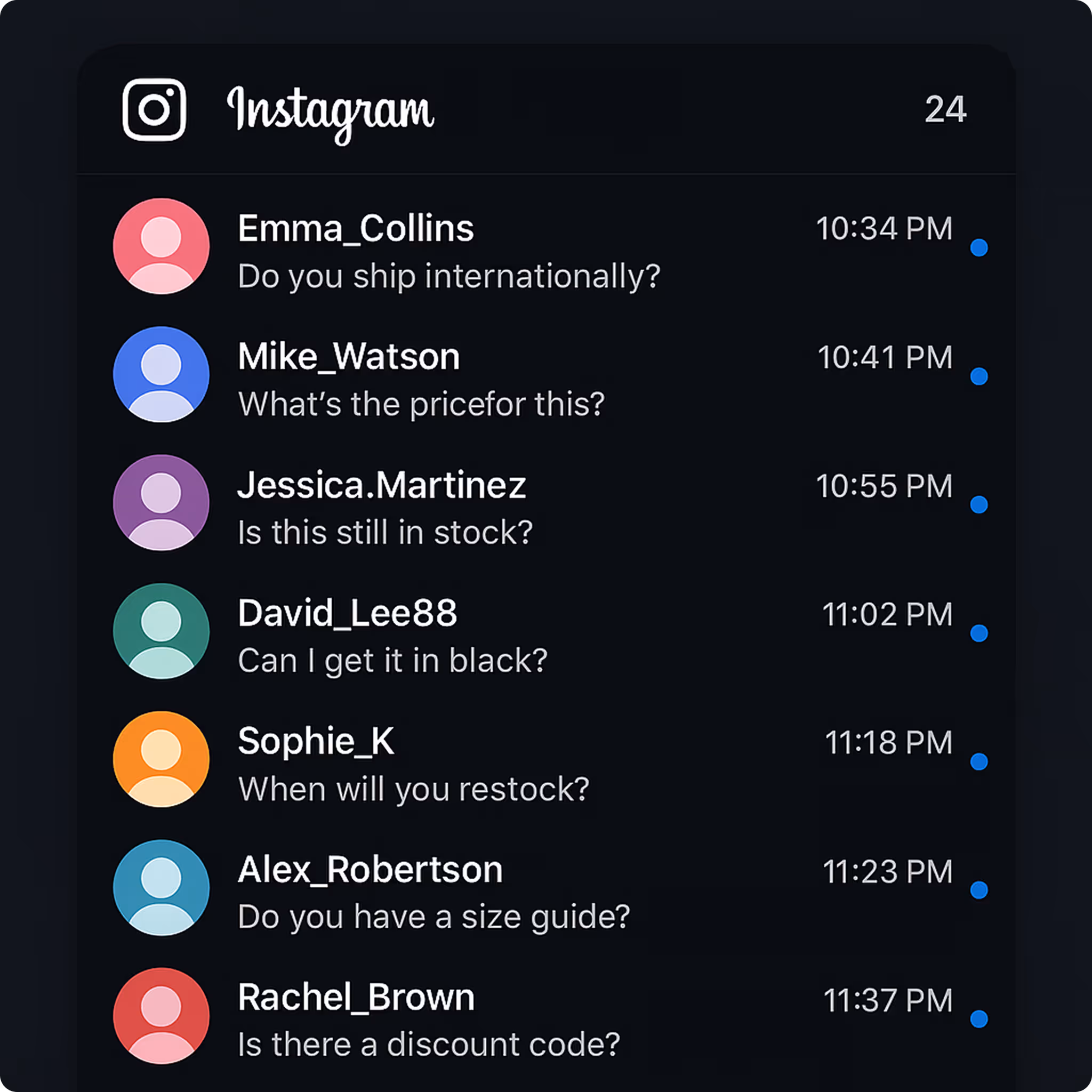 Instagram direct messages showing inquiries about shipping, price, stock, color options, restocking, size guide, and discount code from various users.
