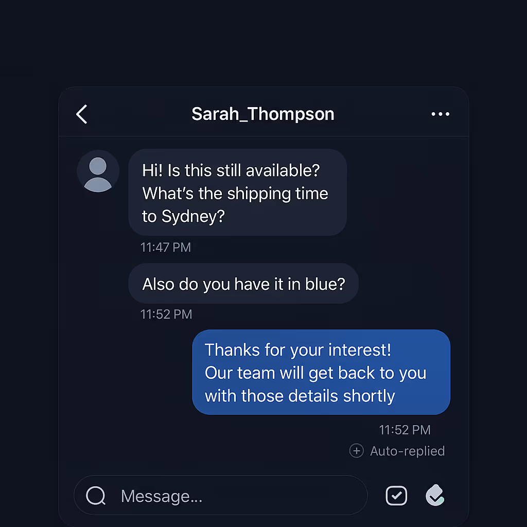 Chat conversation with Sarah_Thompson asking about item availability, shipping time to Sydney, and blue color option, with an auto-reply thanking for interest and promising more details soon.