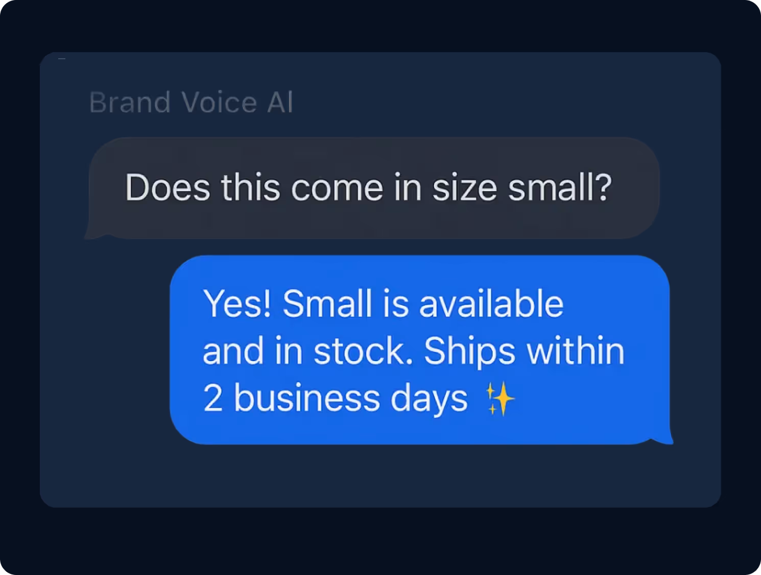 Chat conversation with Brand Voice AI where a customer asks if an item comes in small size, and the reply confirms small size is available and ships within 2 business days.