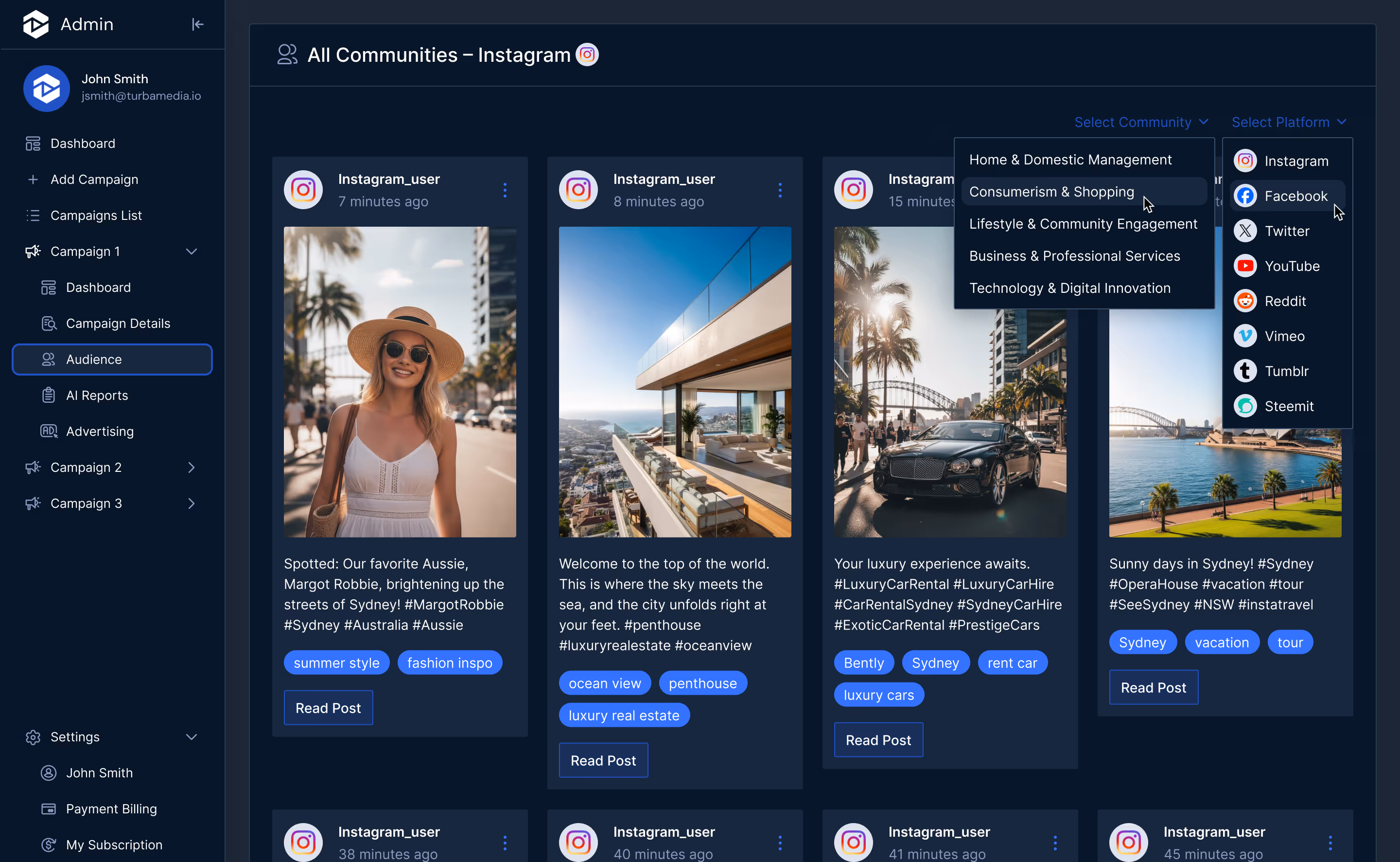 Admin dashboard showing Instagram community posts including a woman in a white dress on a sunny street, a modern penthouse with ocean view, a luxury car with palm trees, and Sydney harbor views with hashtags and interaction tags.