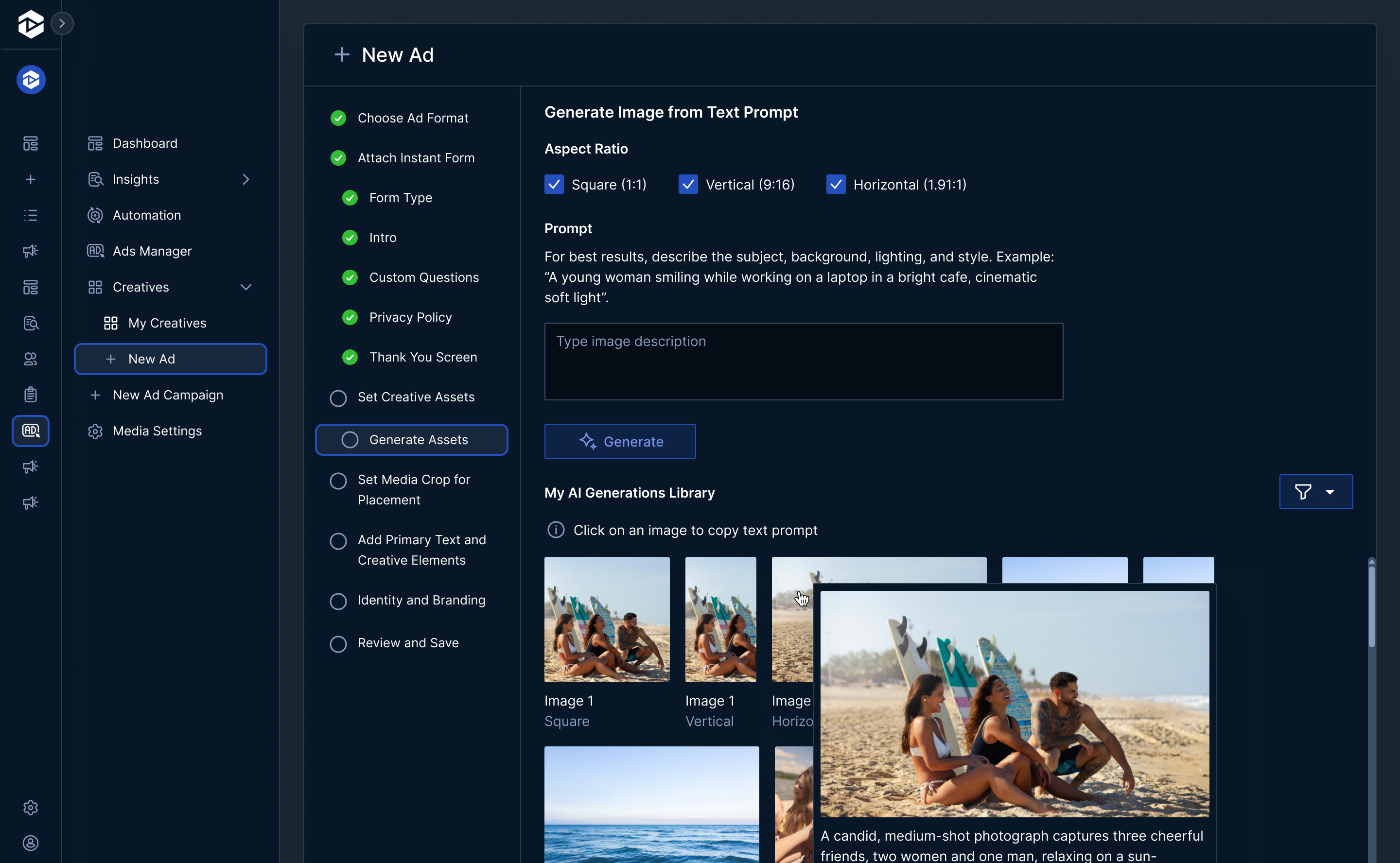 Dashboard interface for creating a new ad with AI-generated images showing three friends with surfboards on a beach.