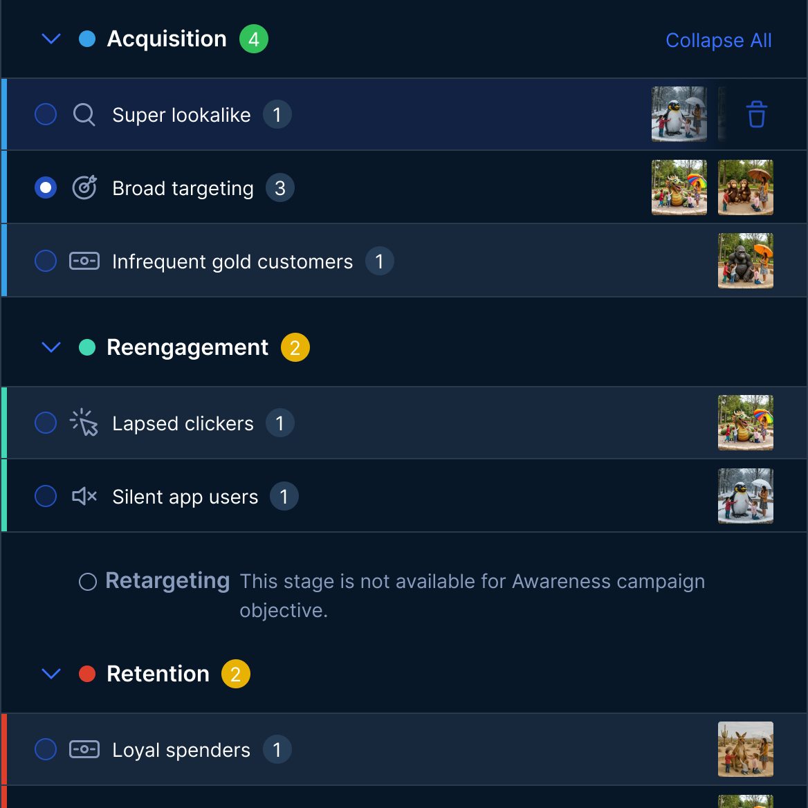 Dashboard displaying social media reach and spending efficiency. Platforms include YouTube (733), Instagram (71,750), Twitter (5,840), and Facebook (41,094). A semi-circle graph shows $18,356 spent with a conversion cost of $38.32.