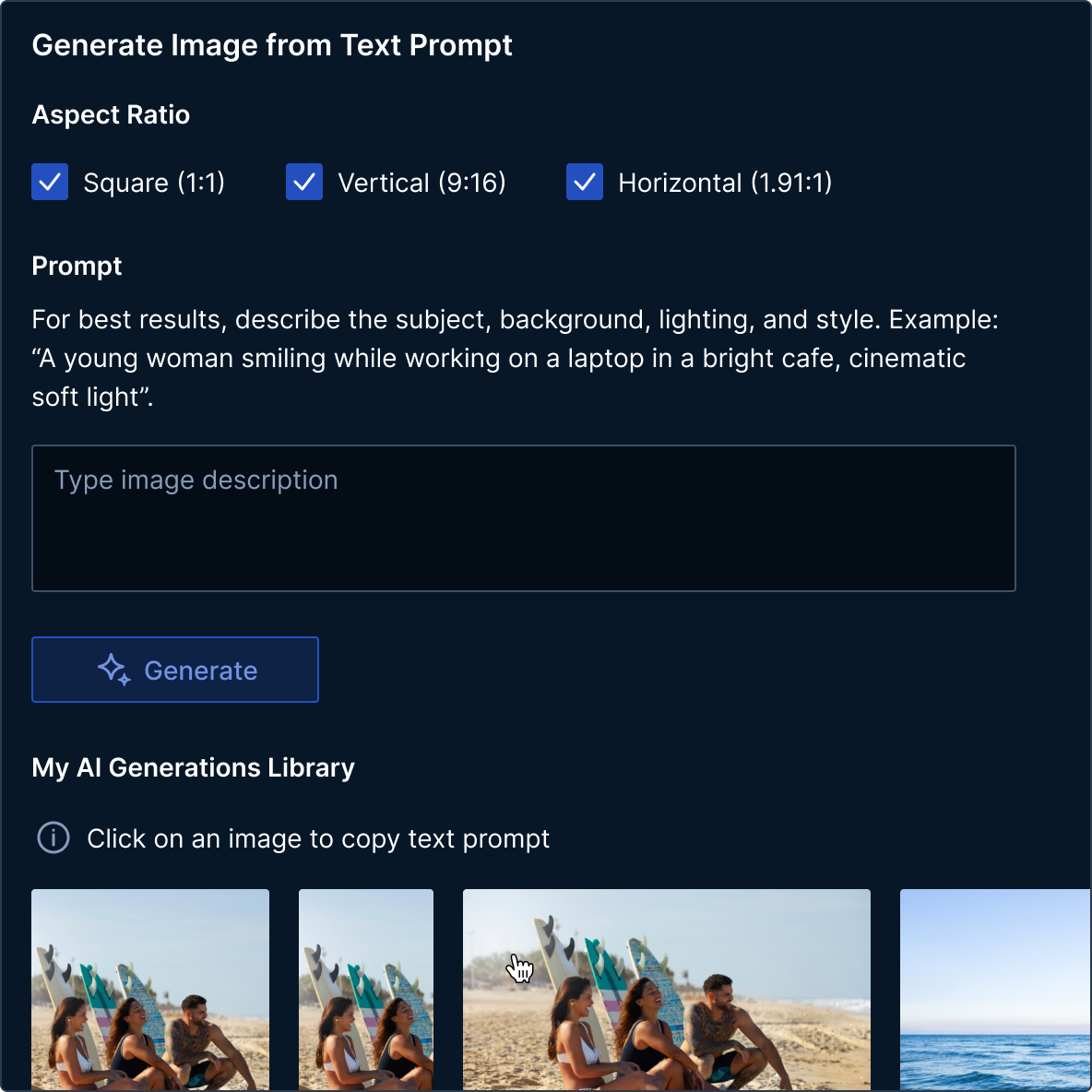 Interface for generating images from text prompts with options for square, vertical, and horizontal aspect ratios and a library of AI-generated beach photos.