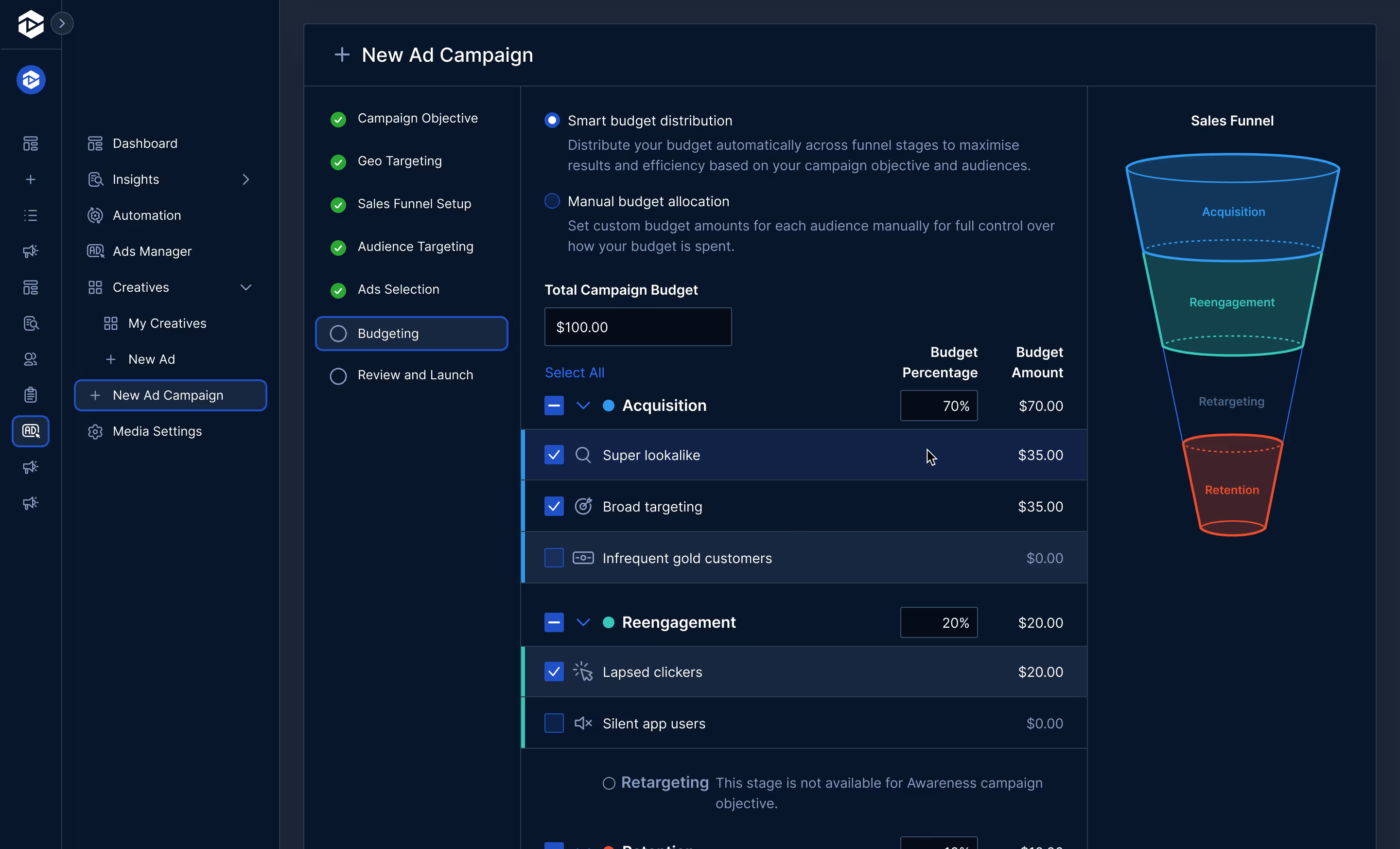 Analytics dashboard for user 'Mark Copeland' showing audience data across Instagram, Facebook, Twitter, YouTube, and Reddit. Includes bar charts of audience growth across all platforms and per platform, a pie chart of audience distribution by platform, and a segment breakdown by coaching types like personal development, life, and business coaching.
