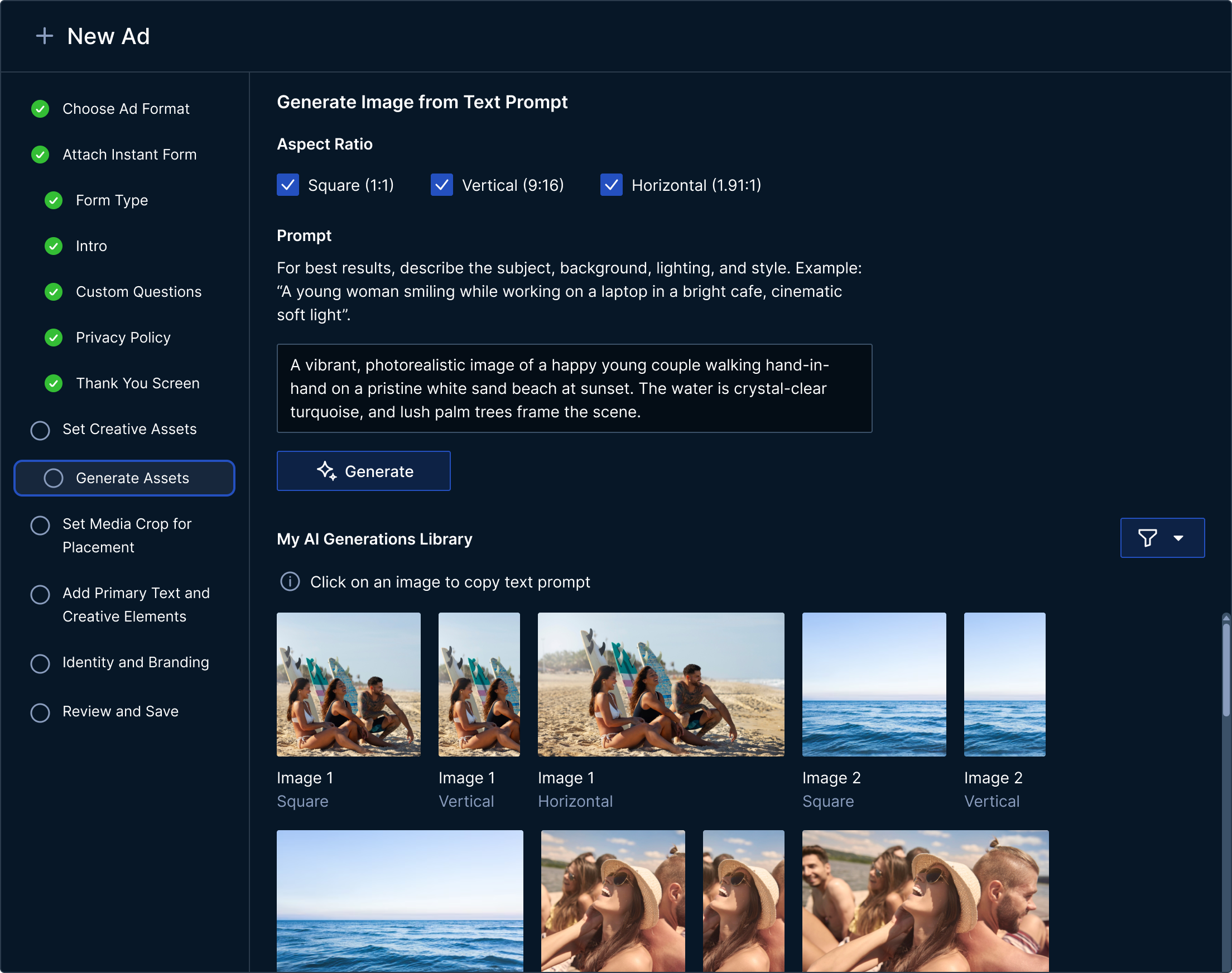 User interface for creating a new ad with a text prompt input to generate AI images in square, vertical, and horizontal aspect ratios, showing a library of generated images.