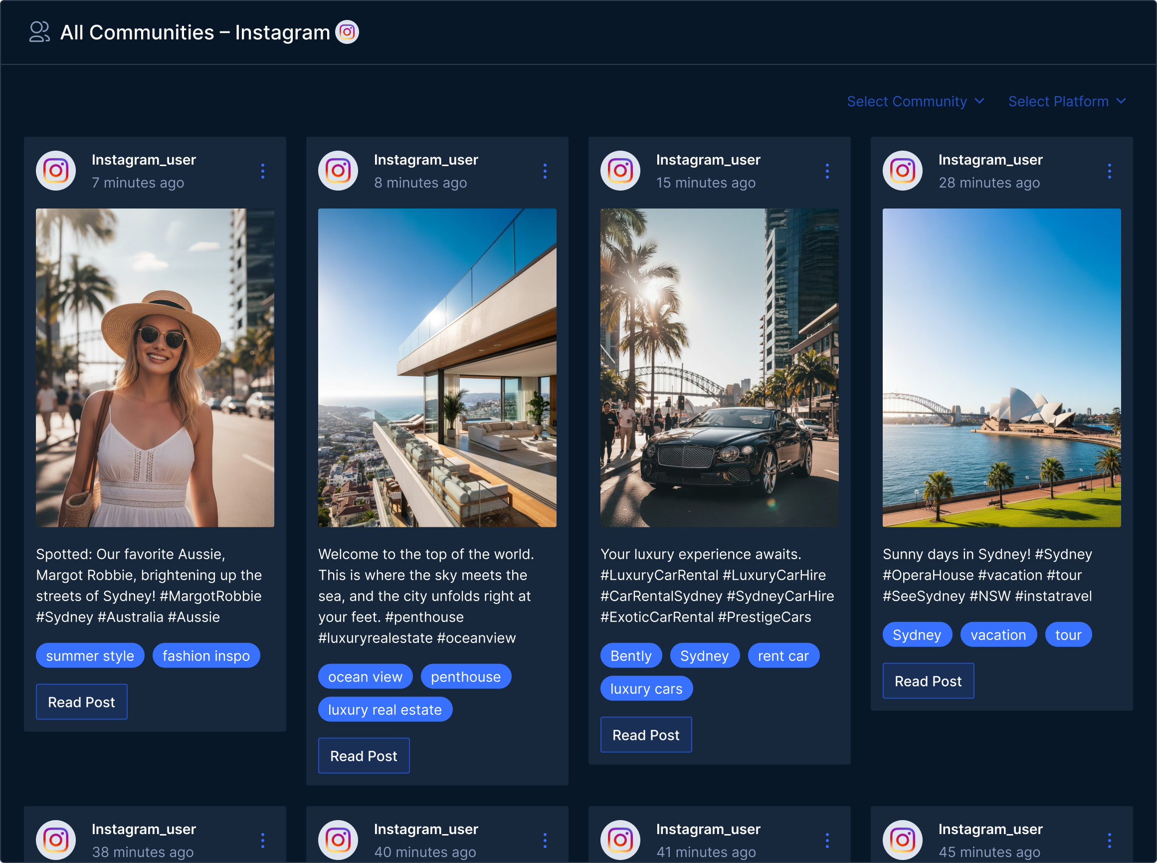 Instagram posts featuring a smiling woman in a hat on a sunny street, a luxury penthouse with ocean view, a black Bentley car in a city street with palm trees, and Sydney Opera House by the water under a clear blue sky.