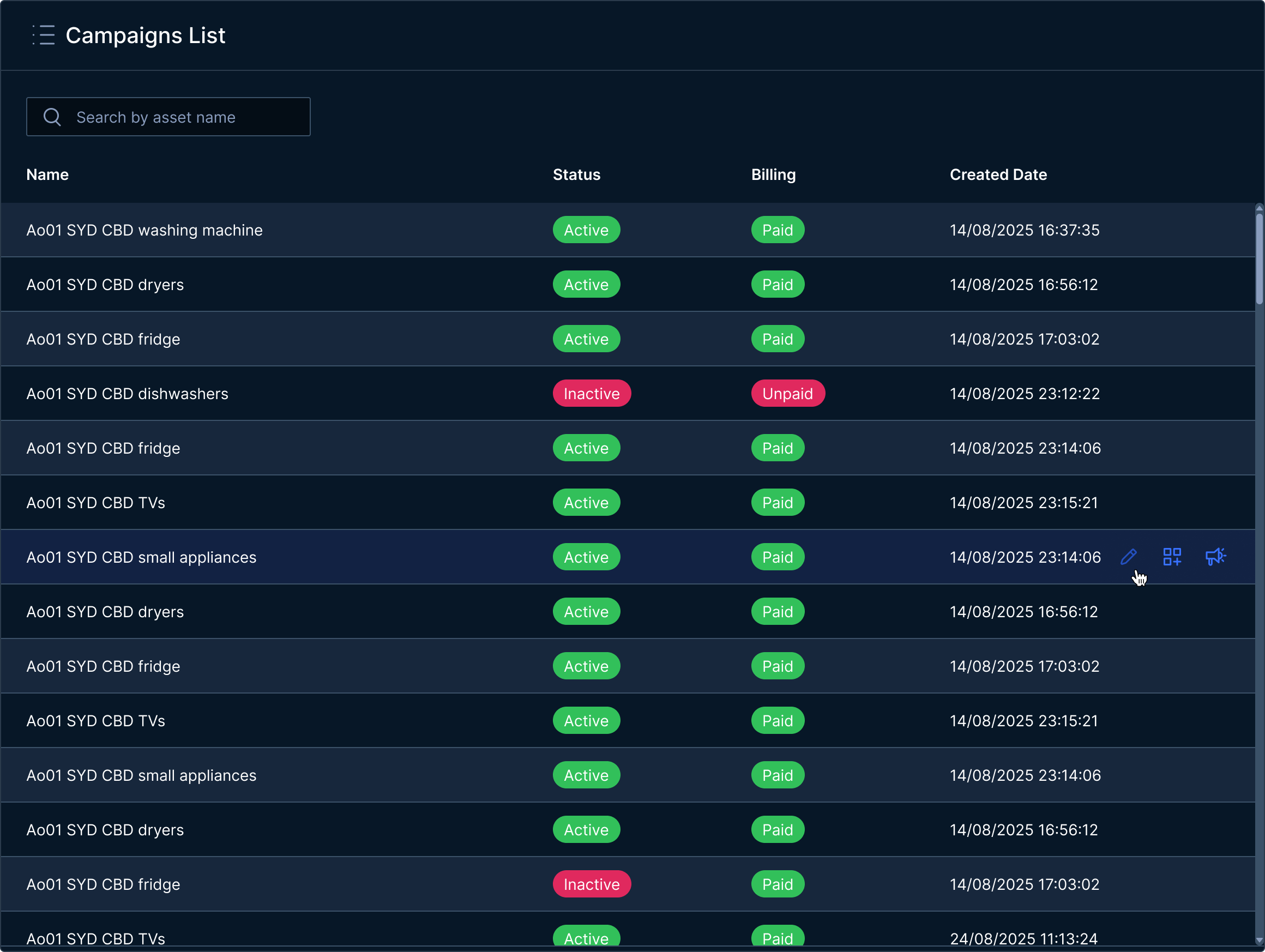 Campaigns list table showing asset names, statuses as Active or Inactive, billing statuses as Paid or Unpaid, and creation dates.