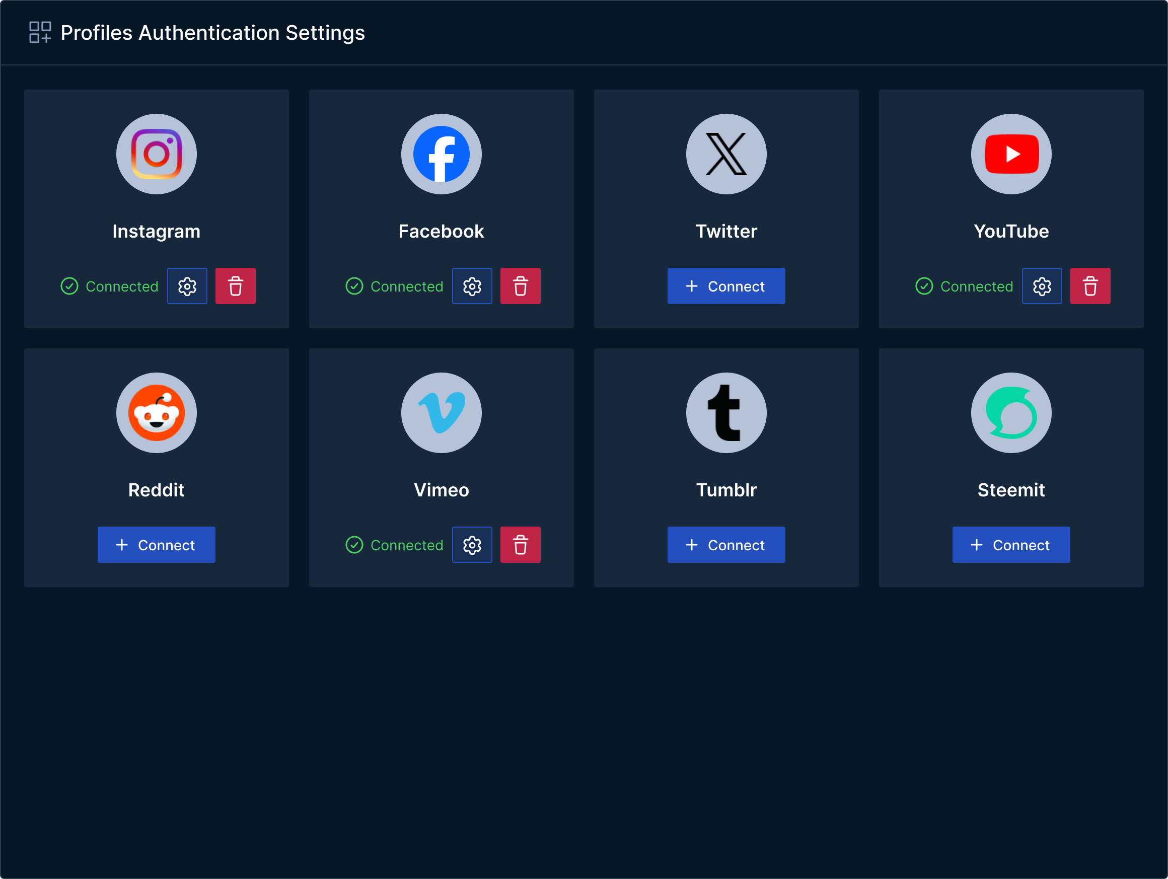 Profiles Authentication Settings interface showing social media icons for Instagram, Facebook, Twitter, YouTube, Reddit, Vimeo, Tumblr, and Steemit with connection status and action buttons.