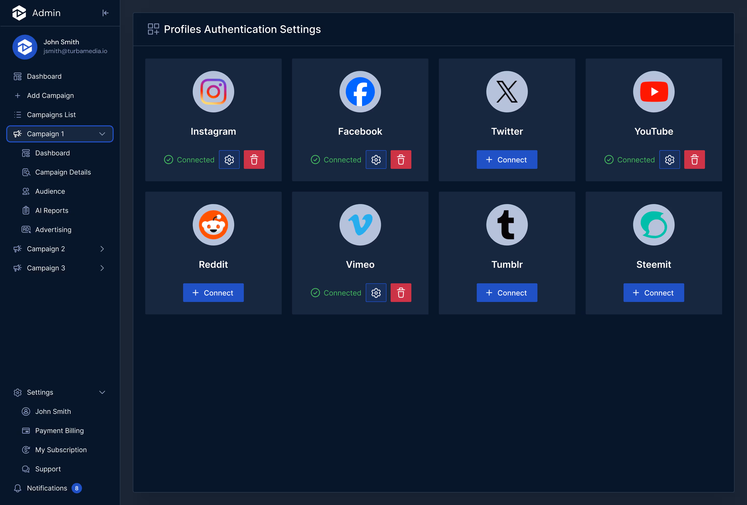 Analytics dashboard for user 'Mark Copeland' showing audience data across Instagram, Facebook, Twitter, YouTube, and Reddit. Includes bar charts of audience growth across all platforms and per platform, a pie chart of audience distribution by platform, and a segment breakdown by coaching types like personal development, life, and business coaching.