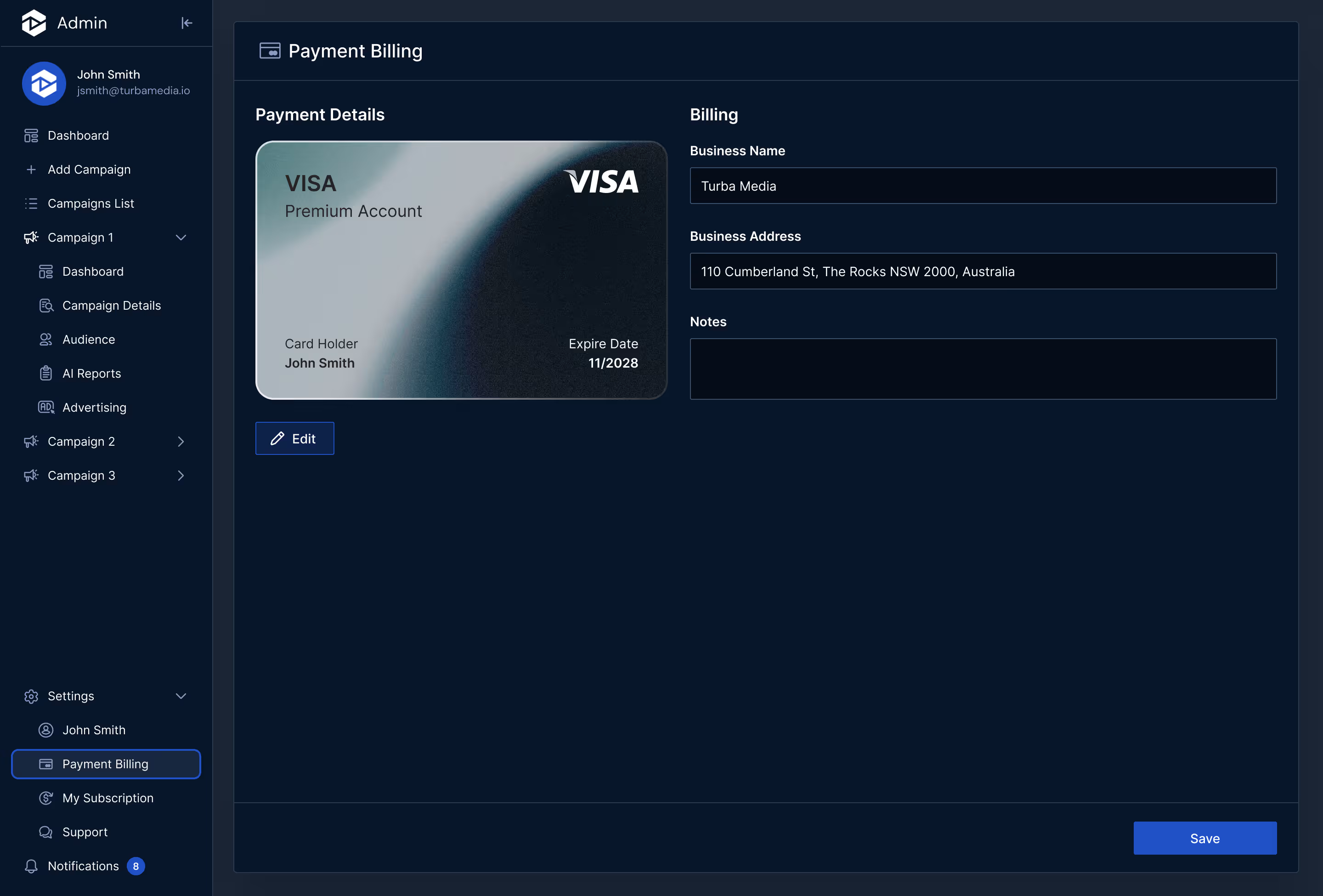 Analytics dashboard for user 'Mark Copeland' showing audience data across Instagram, Facebook, Twitter, YouTube, and Reddit. Includes bar charts of audience growth across all platforms and per platform, a pie chart of audience distribution by platform, and a segment breakdown by coaching types like personal development, life, and business coaching.