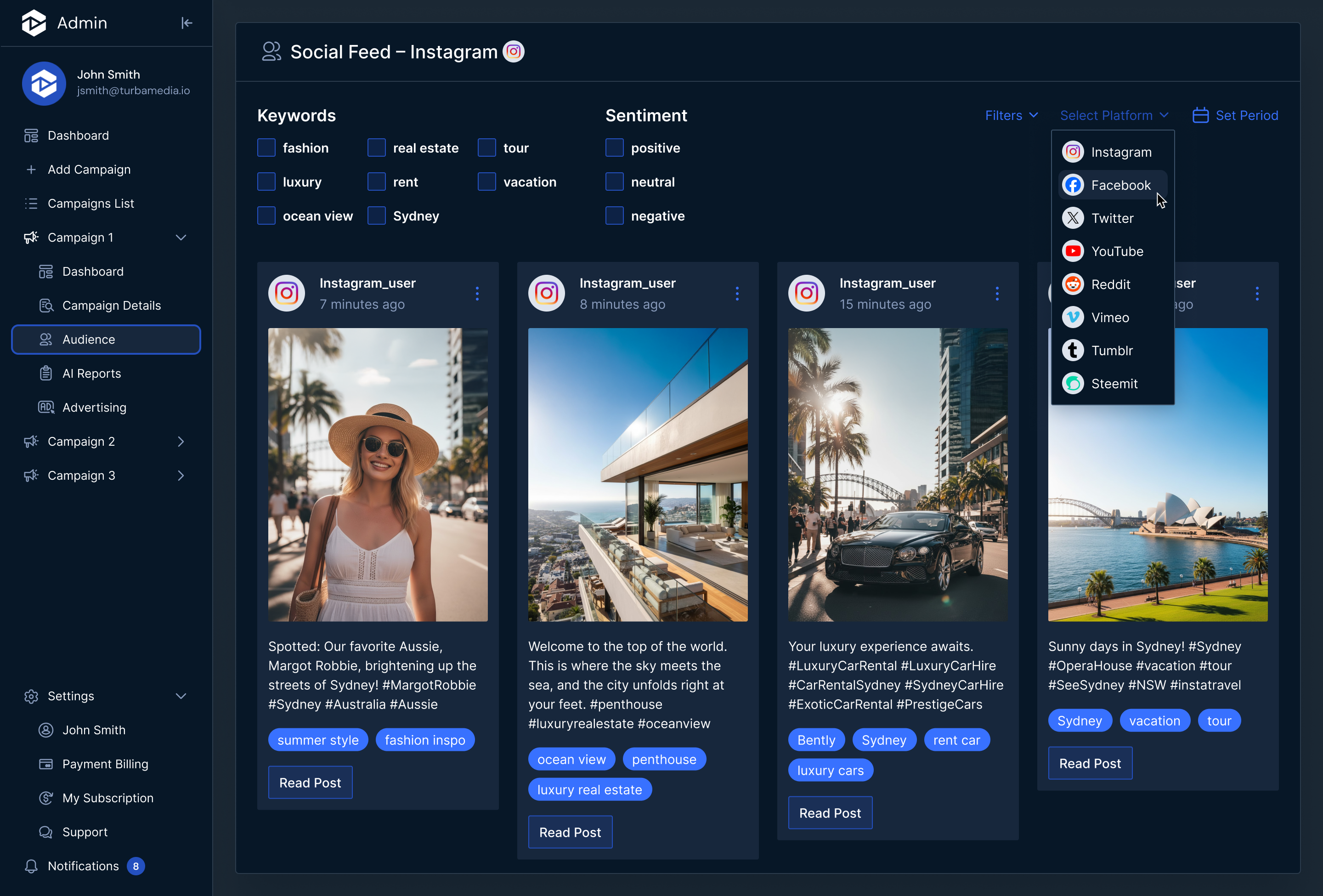 Analytics dashboard for user 'Mark Copeland' showing audience data across Instagram, Facebook, Twitter, YouTube, and Reddit. Includes bar charts of audience growth across all platforms and per platform, a pie chart of audience distribution by platform, and a segment breakdown by coaching types like personal development, life, and business coaching.