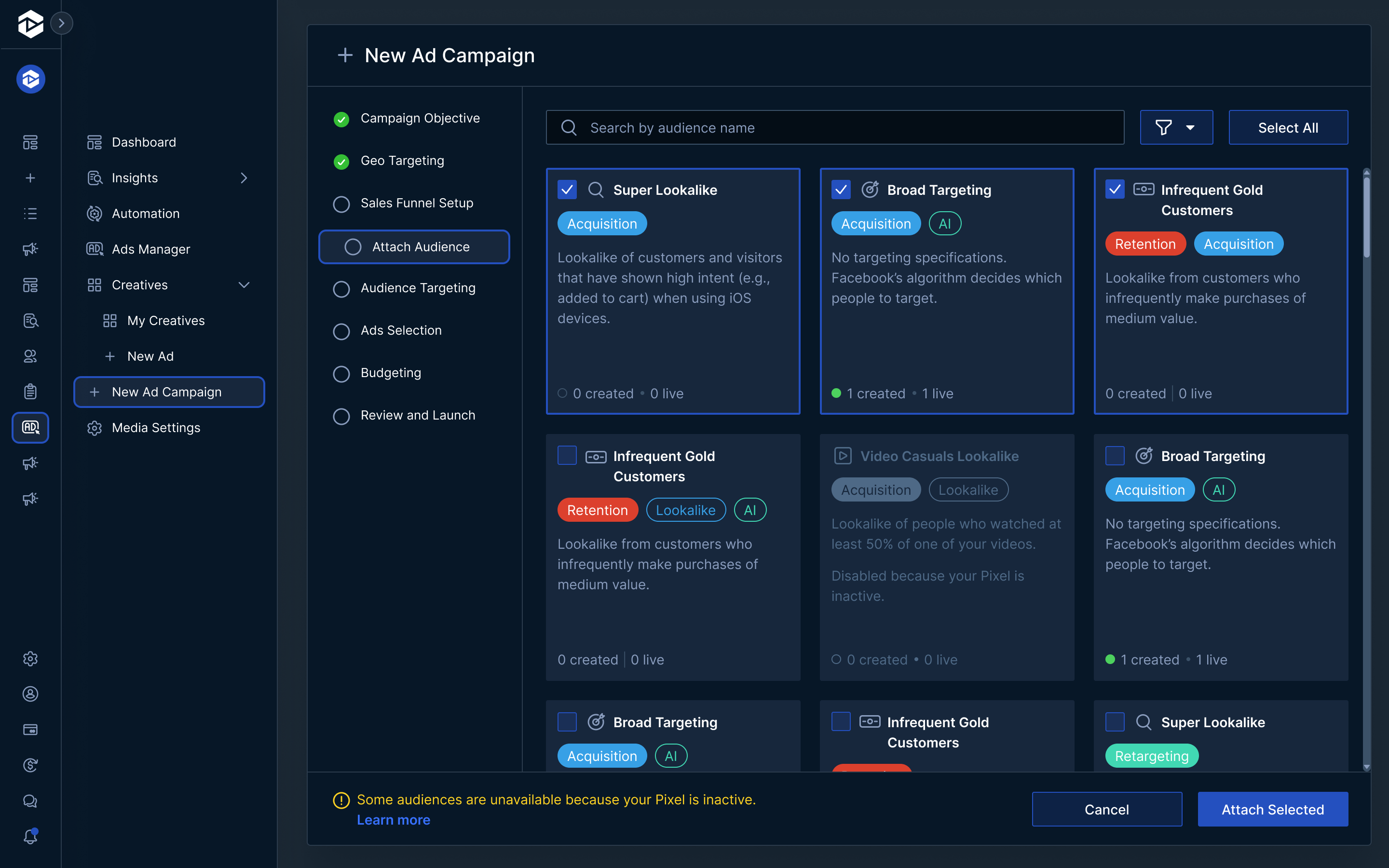 Analytics dashboard for user 'Mark Copeland' showing audience data across Instagram, Facebook, Twitter, YouTube, and Reddit. Includes bar charts of audience growth across all platforms and per platform, a pie chart of audience distribution by platform, and a segment breakdown by coaching types like personal development, life, and business coaching.