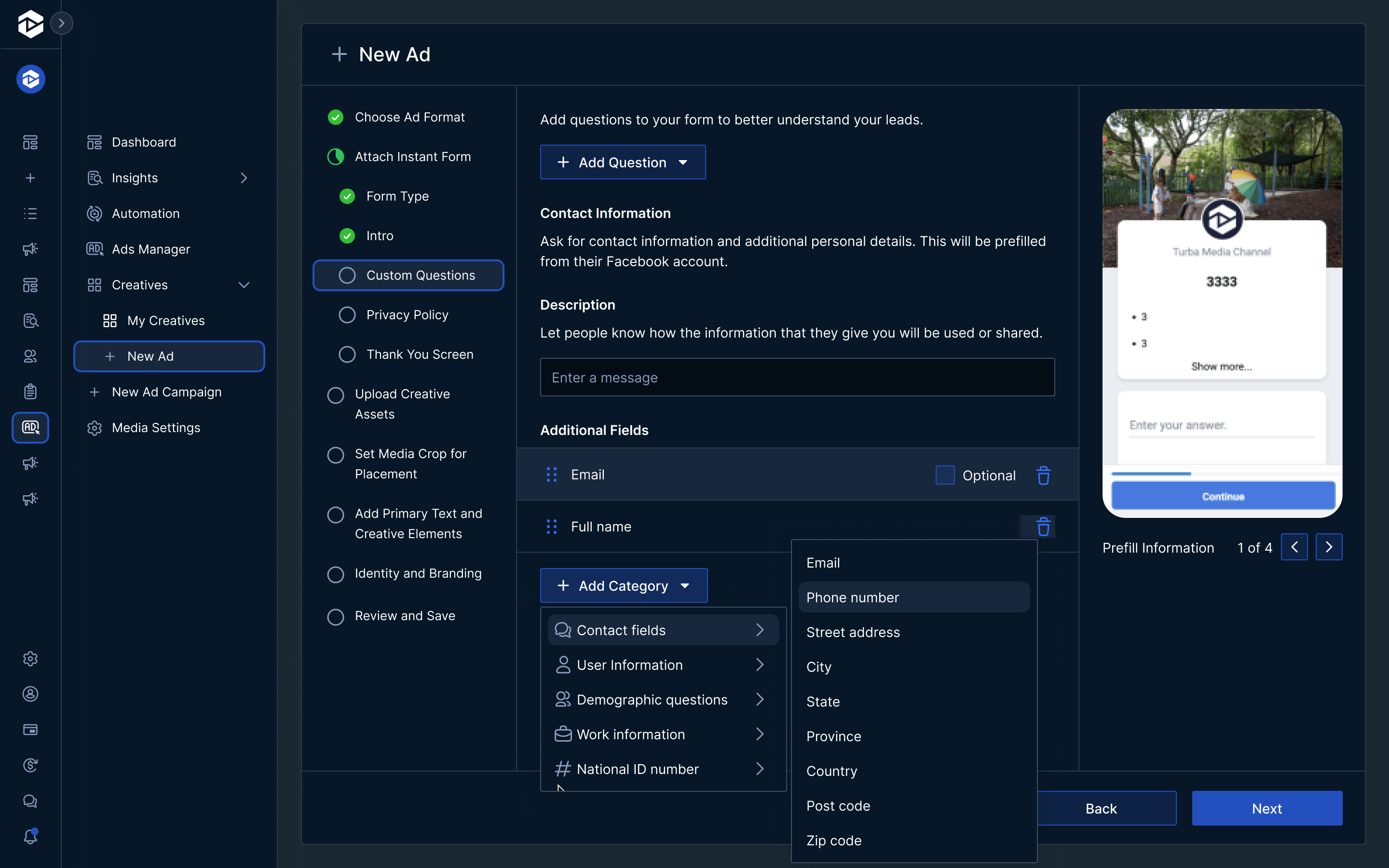 Analytics dashboard for user 'Mark Copeland' showing audience data across Instagram, Facebook, Twitter, YouTube, and Reddit. Includes bar charts of audience growth across all platforms and per platform, a pie chart of audience distribution by platform, and a segment breakdown by coaching types like personal development, life, and business coaching.