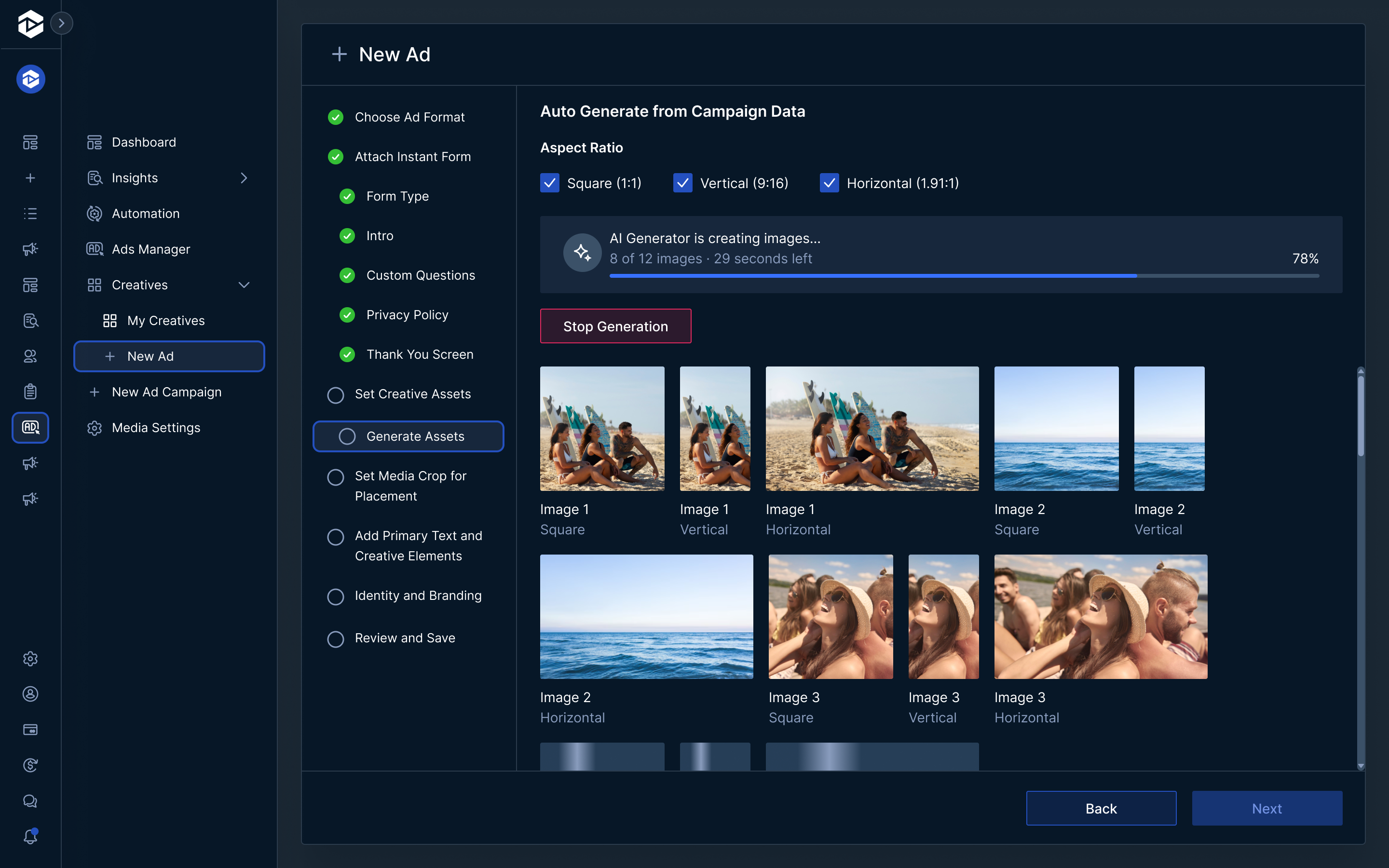 Analytics dashboard for user 'Mark Copeland' showing audience data across Instagram, Facebook, Twitter, YouTube, and Reddit. Includes bar charts of audience growth across all platforms and per platform, a pie chart of audience distribution by platform, and a segment breakdown by coaching types like personal development, life, and business coaching.