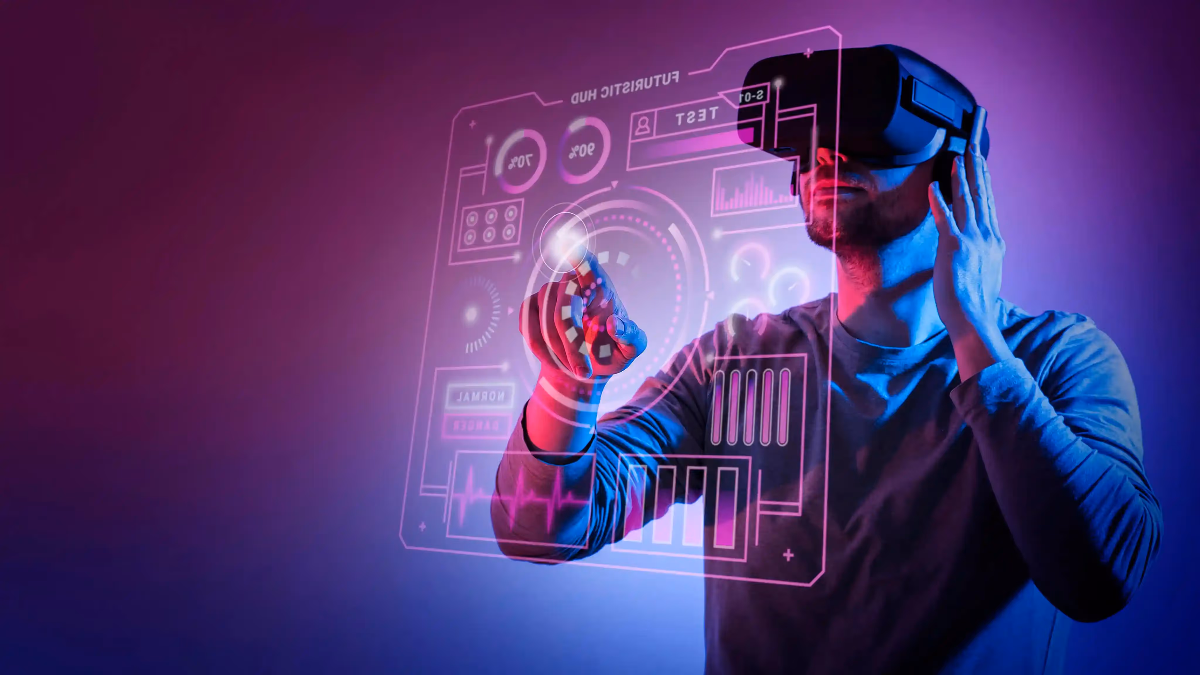 Person wearing a VR headset interacting with a glowing virtual interface, surrounded by digital HUD elements and icons on a purple and blue gradient background, representing immersive AI technology.