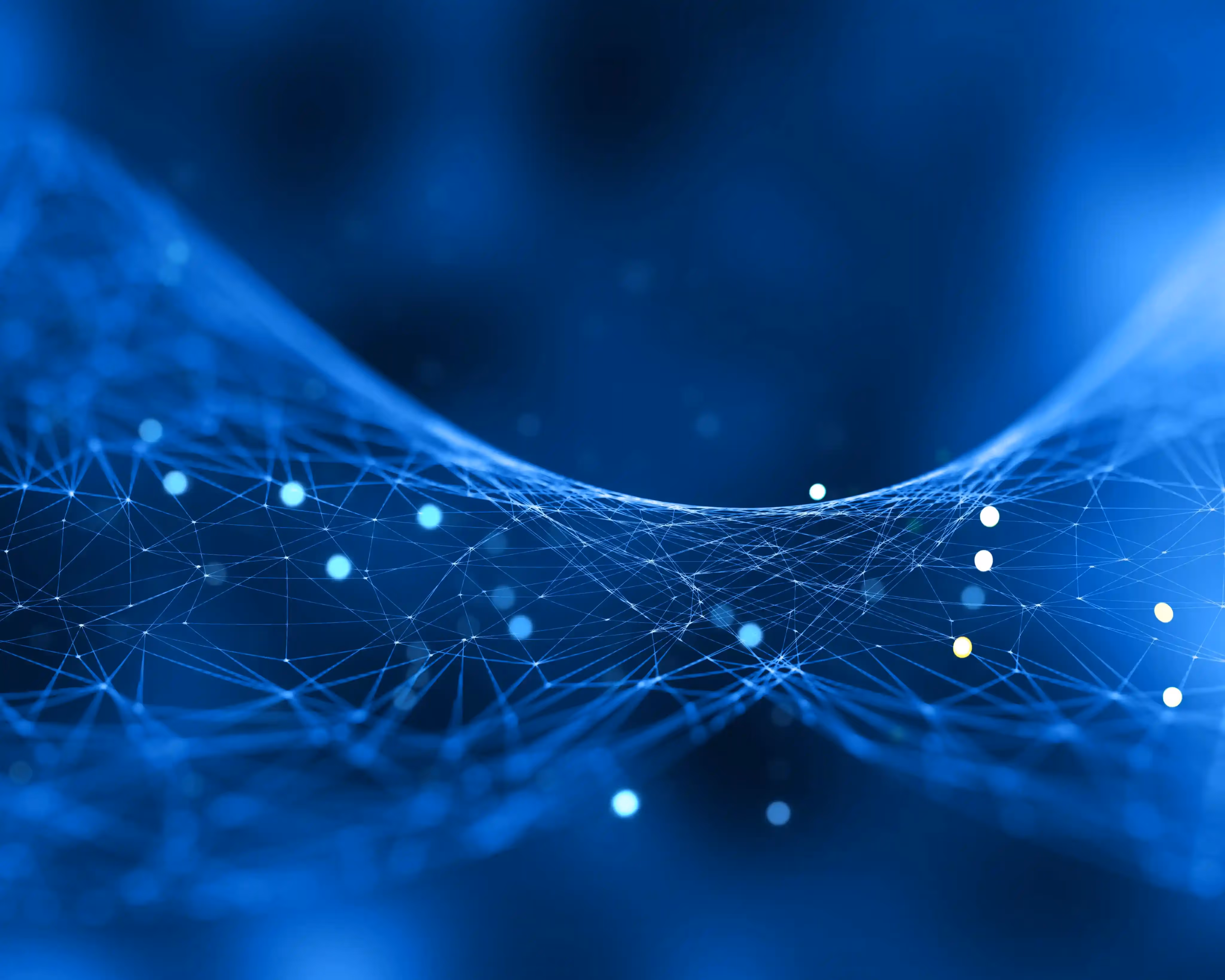 Abstract digital wave of glowing blue lines and floating connection points, symbolizing data flow, neural networks, or digital connectivity in a deep blue environment.